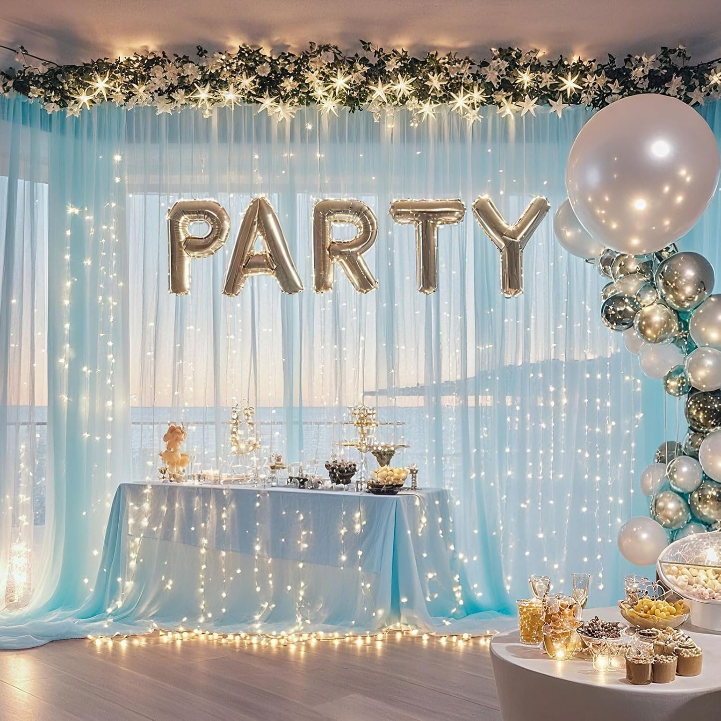 10×10ft Tulle Backdrop Curtains with Lights String - 300LED Fairy Lights Sheer Curtain Backdrop for Weddings Baby Shower and Birthday Party Decorations(6 Panels 5×10ft)