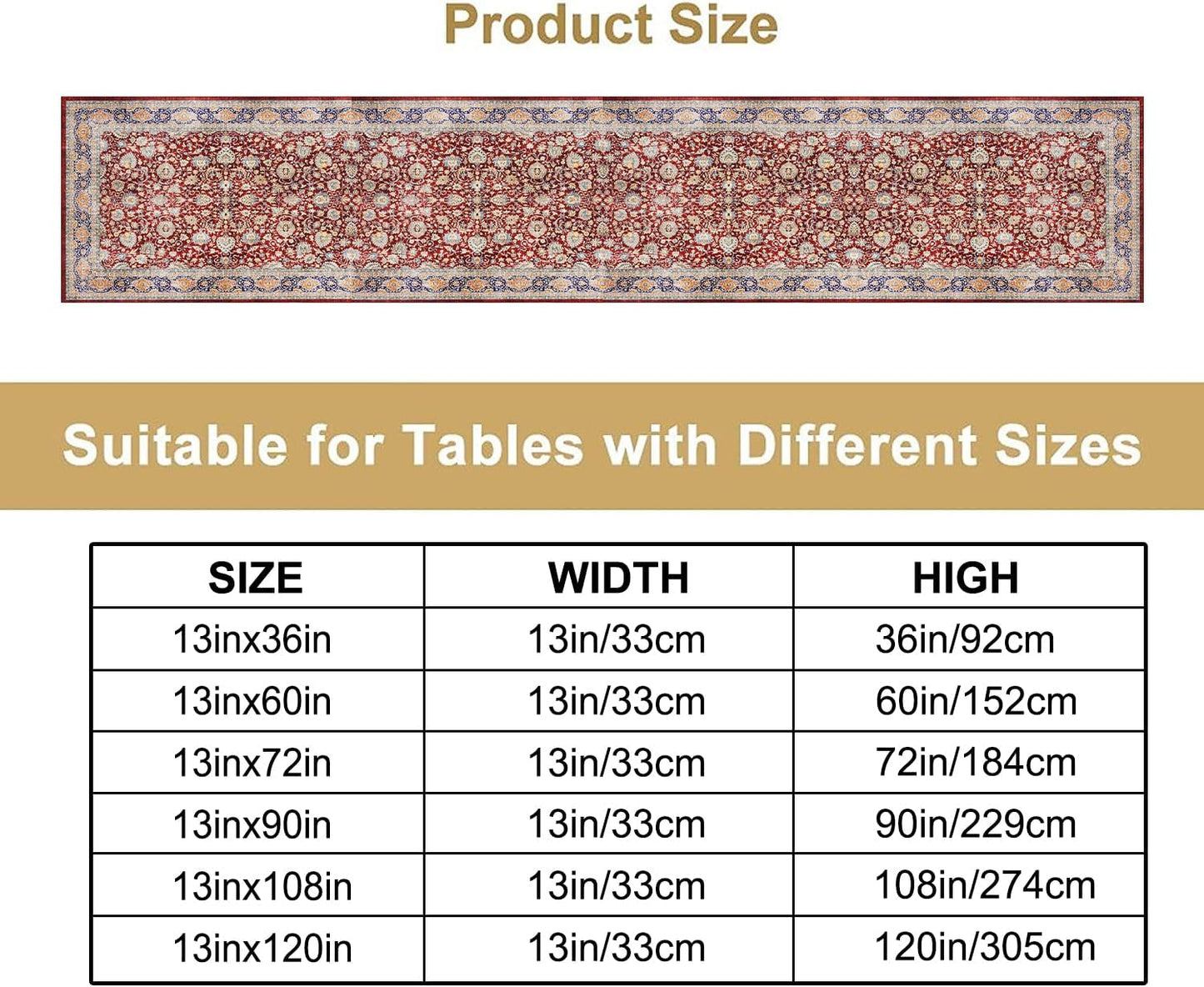 Boho Bohemia Style Table Runner, Vintage Red Blue Retro Flower Rustic Country Style Floral Print Pattern for Home Kitchen Table Decor Dining Coffee Room Garden Party Decor 13x120in