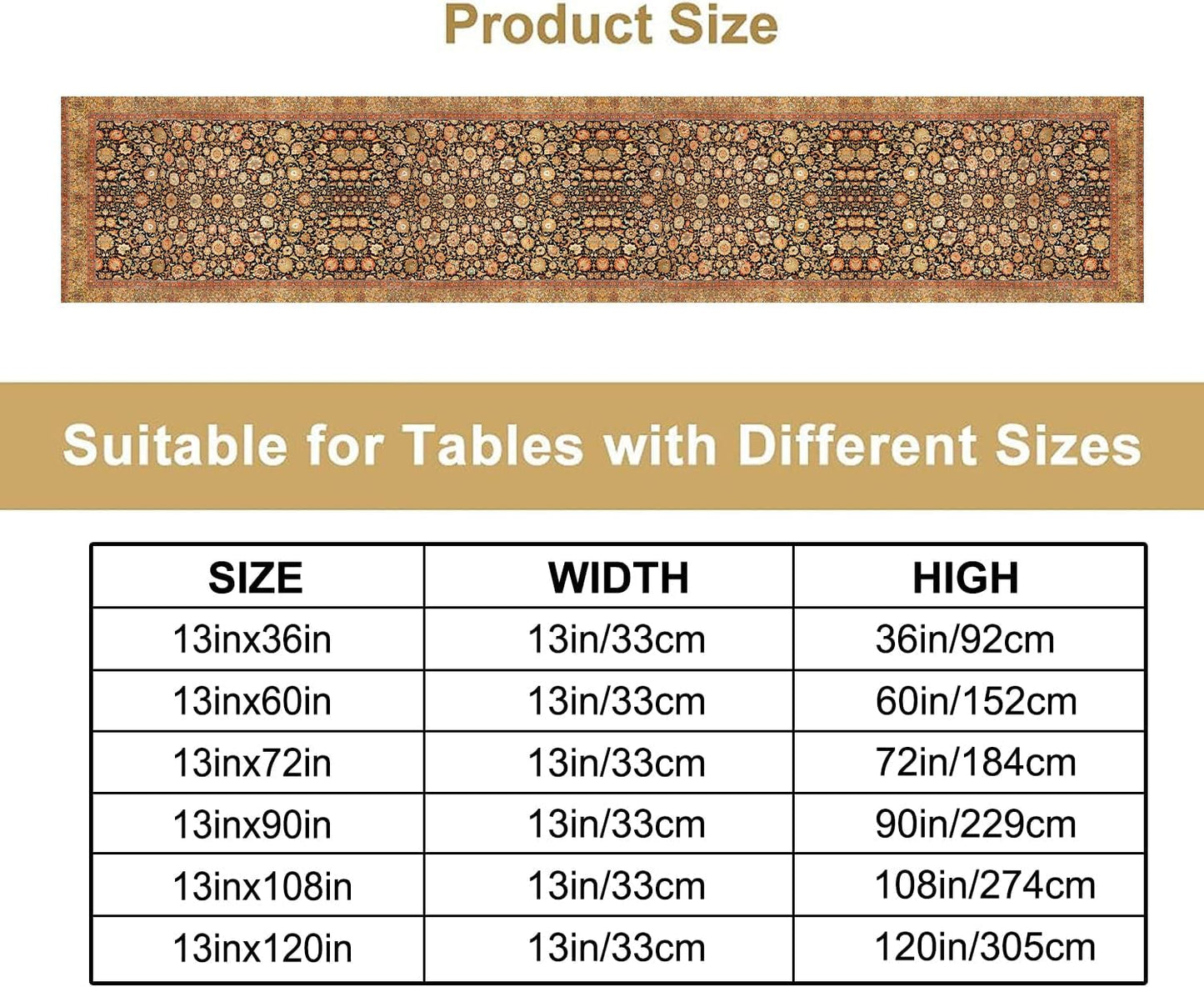 Vintage Boho Floral Table Runner, Rustic Country Farmhouse Orange Yellow Black Retro Flower Pattern for Home Kitchen Table Decor Dining Coffee Room Party Decor 13x36in
