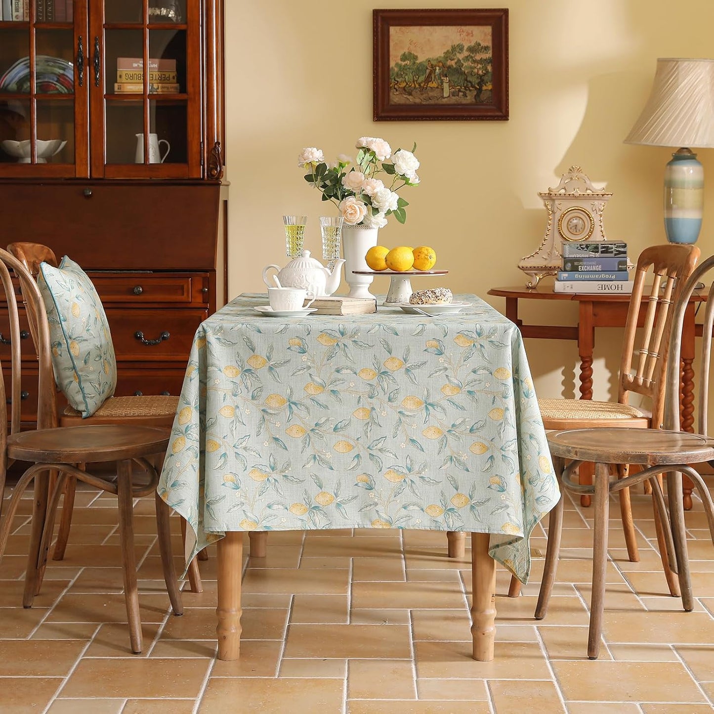patdrea Designer Linen Long Green Tablecloth for Rectangle Table,Vintage Breathable Yellow Fruits Pattern Table Cloth,Decor Cover for Kitchen Dining,Christmas,Thanksgiving,Party,63"x94"-Ania a