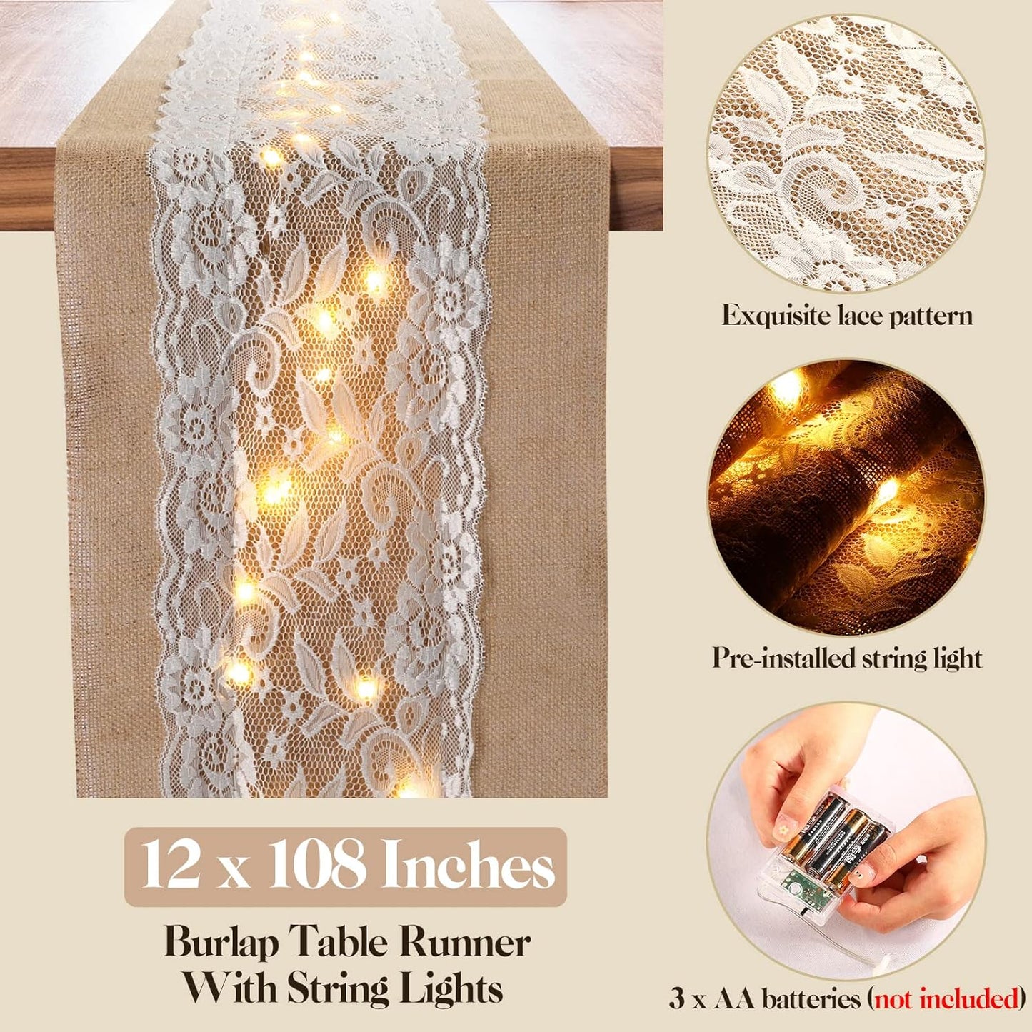 Tudomro 6 Pcs Burlap Table Runner with LED String Lights 12 x 108 Inches Rustic Jute Lace Table Runners Farmhouse Jute Linen Decoration Wedding Decor for Holiday Party Wedding Decorations