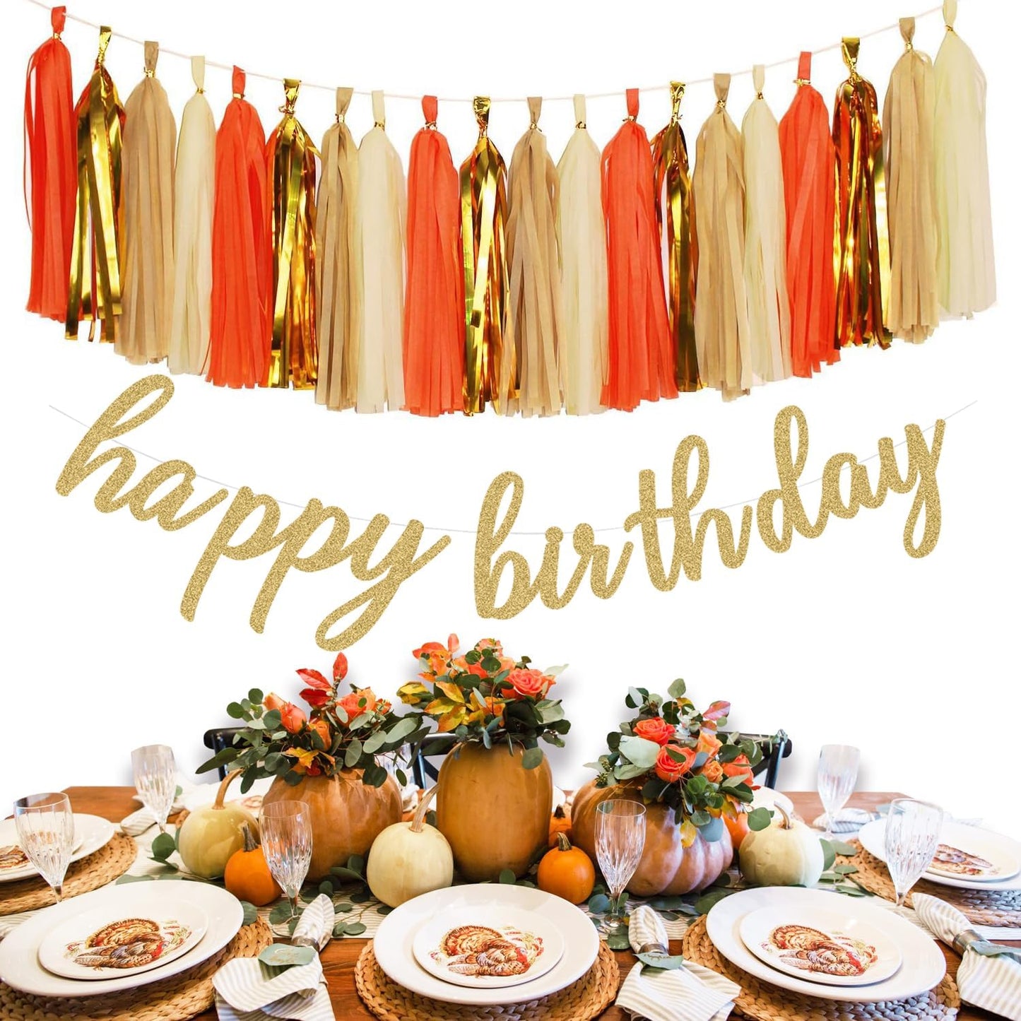 Tassel Garland, Tissue Paper Tassels Banner for Graduation Party Decorations, Thanksgiving, First Birthday Party Decorations, 20 pcs DIY Kits (Orange+Metallic Gold+Tan+Ivory)