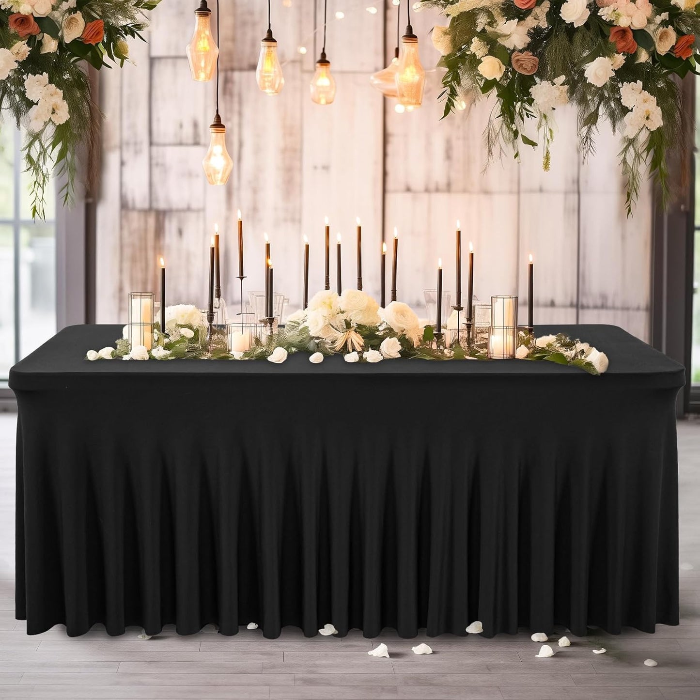 Wish Care 6 Pack Black Spandex Table Cloths for Rectangle Tables 4ft - One-Piece Wrinkle Free Fitted Table Cover 4 Foot Table Stretch Tablecloths for Party, Banquet, Wedding and Events