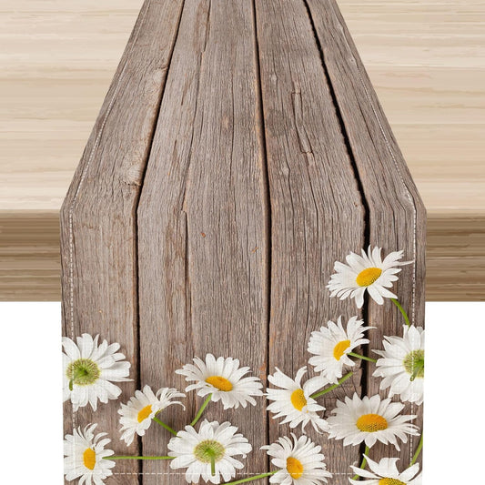 Farmhouse Floral Table Runner, Spring Seasonal Daisy Flower Retro Wooden Country Table Center Decor for Home Kitchen Dining Patio Holiday Party Indoor Outdoor Table Decorations, 13"x72" Inch