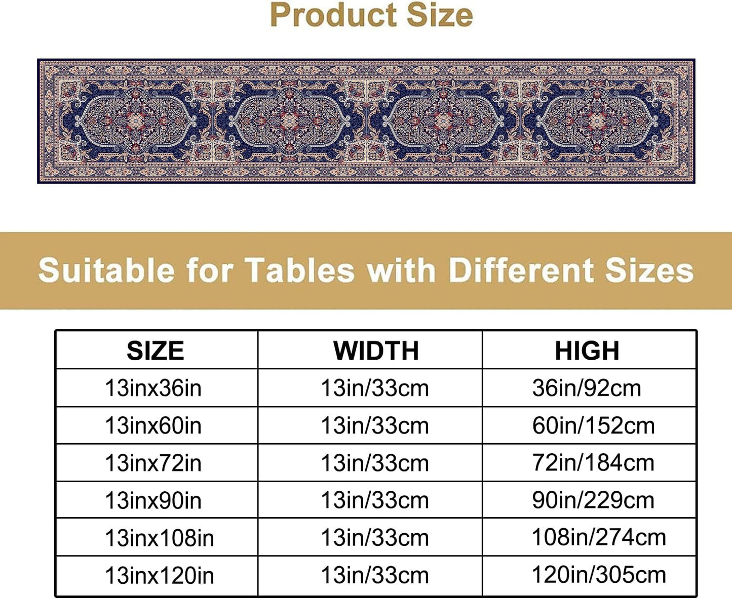 Boho Floral Vintage Table Runner, Blue Purple Retro Flower Rustic Country Farmhouse Pattern for Home Kitchen Table Decor Dining Coffee Room Party Decor 13x120in