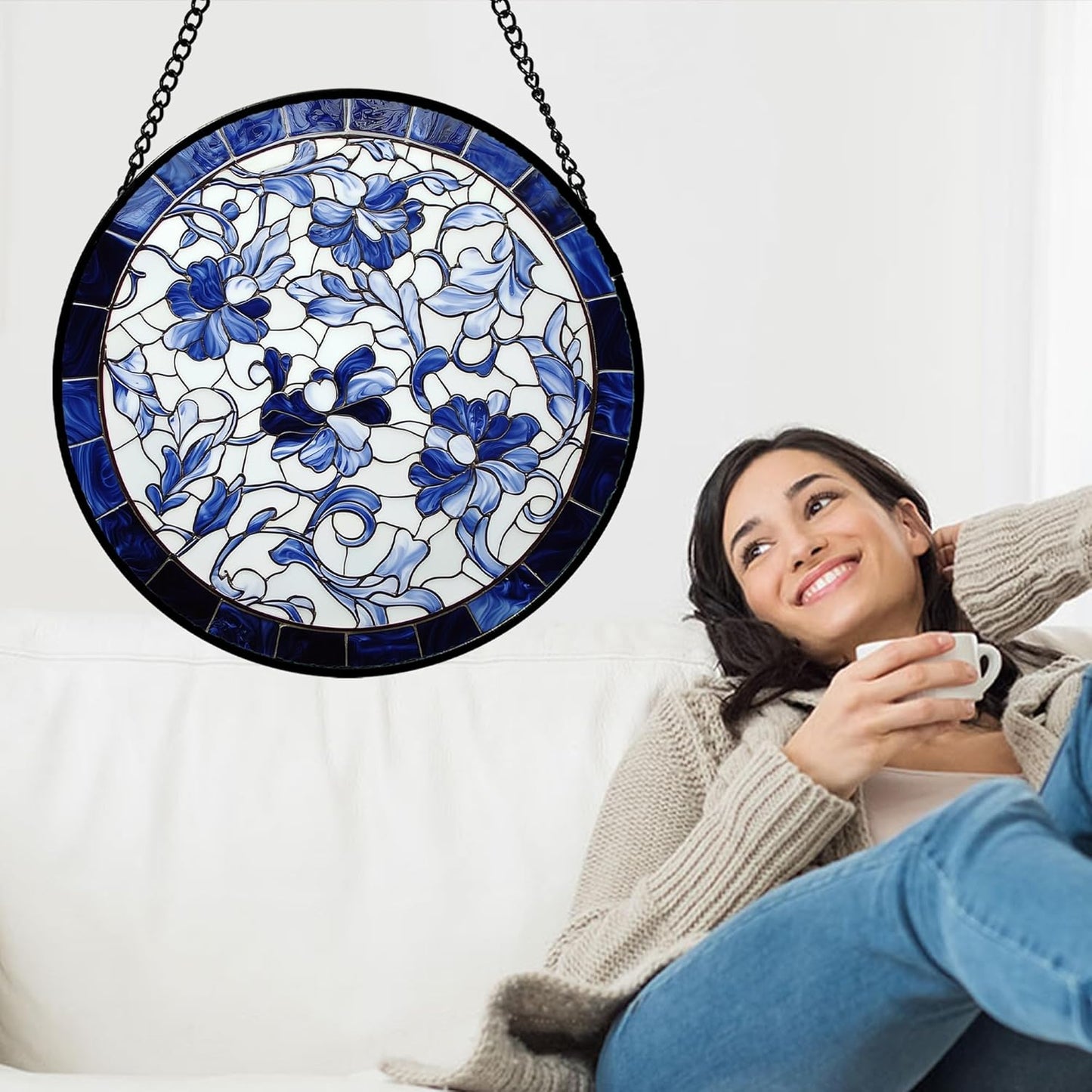Stained Glass Window Hanging, Blue and White Abstract Flowers Sun Catcher for Door Home Decor Suncatcher Christmas Mother's Day Birthday Gifts for Women Men Mom and Nana 11.8 in