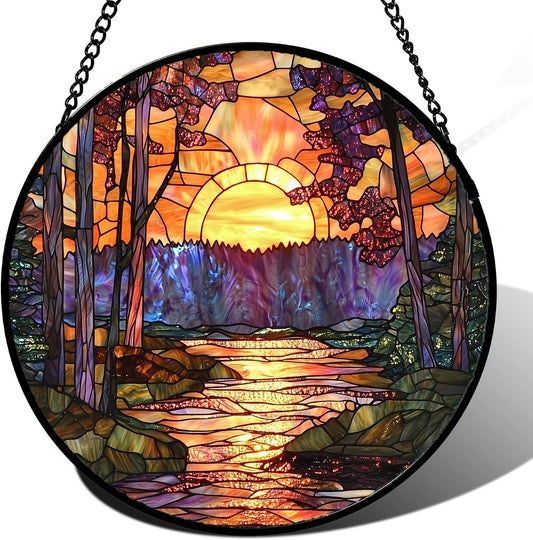 Stained Glass Window Hanging, Orange Landscape Green Purple Lake Forest Suncatcher for Doors Window Home Sun Catchers Decor Mother's Day Birthday Gifts for Women Men Mom 9.8 in