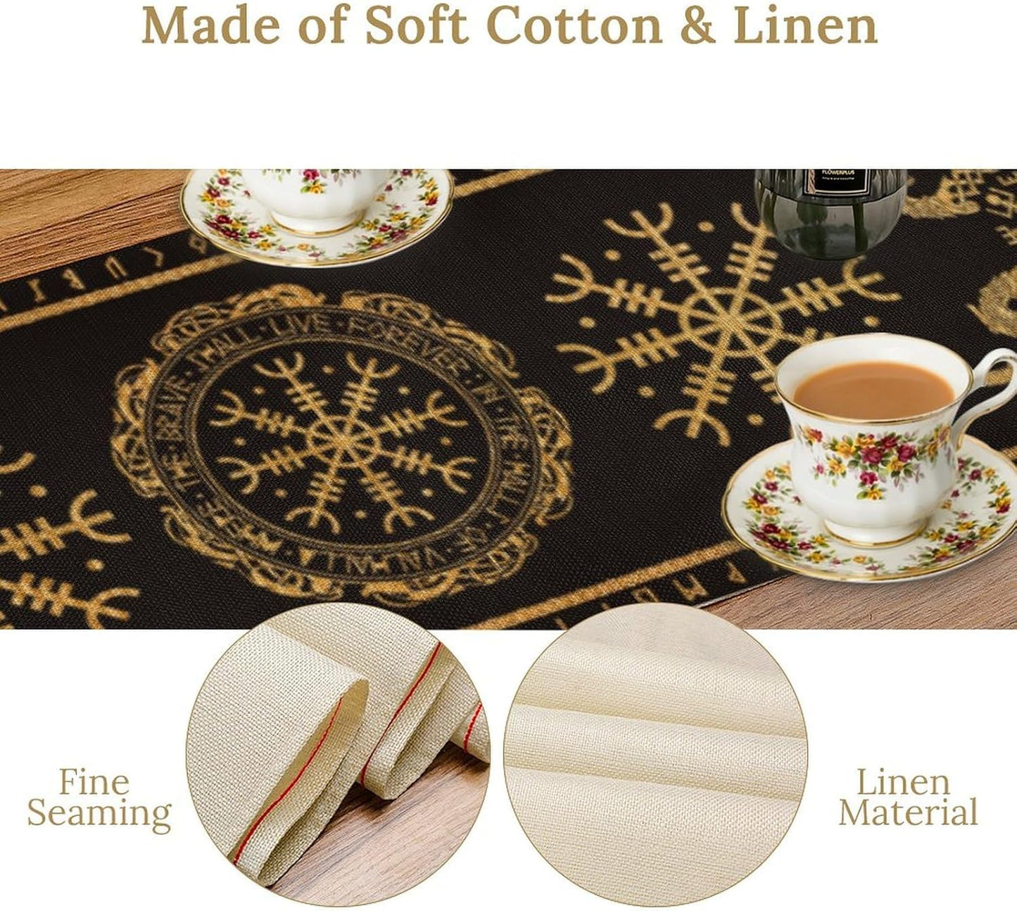 Viking Tree of Life Abstract Table Runner for Living Room Home Party Coffee Dining Party Wedding Golden Black Celtic Style Geometric Dragon Boat Rudder Ancient Script Table Runner 13x60 Inch