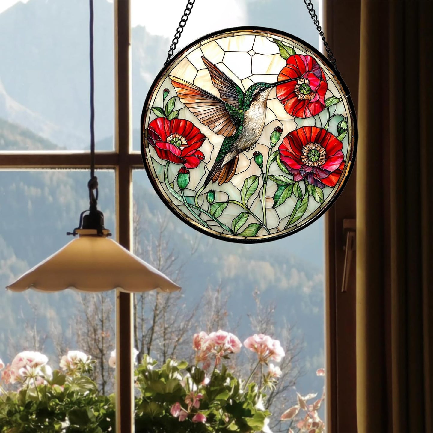 Stained Glass Window Hanging - Green Hummingbird Red Flower Suncatcher for Door Terrace Garden Home Decor Bird Landscape Sun Catcher Birthday Gifts for Lovers Women Men Dad Mom Nana 6.3 in