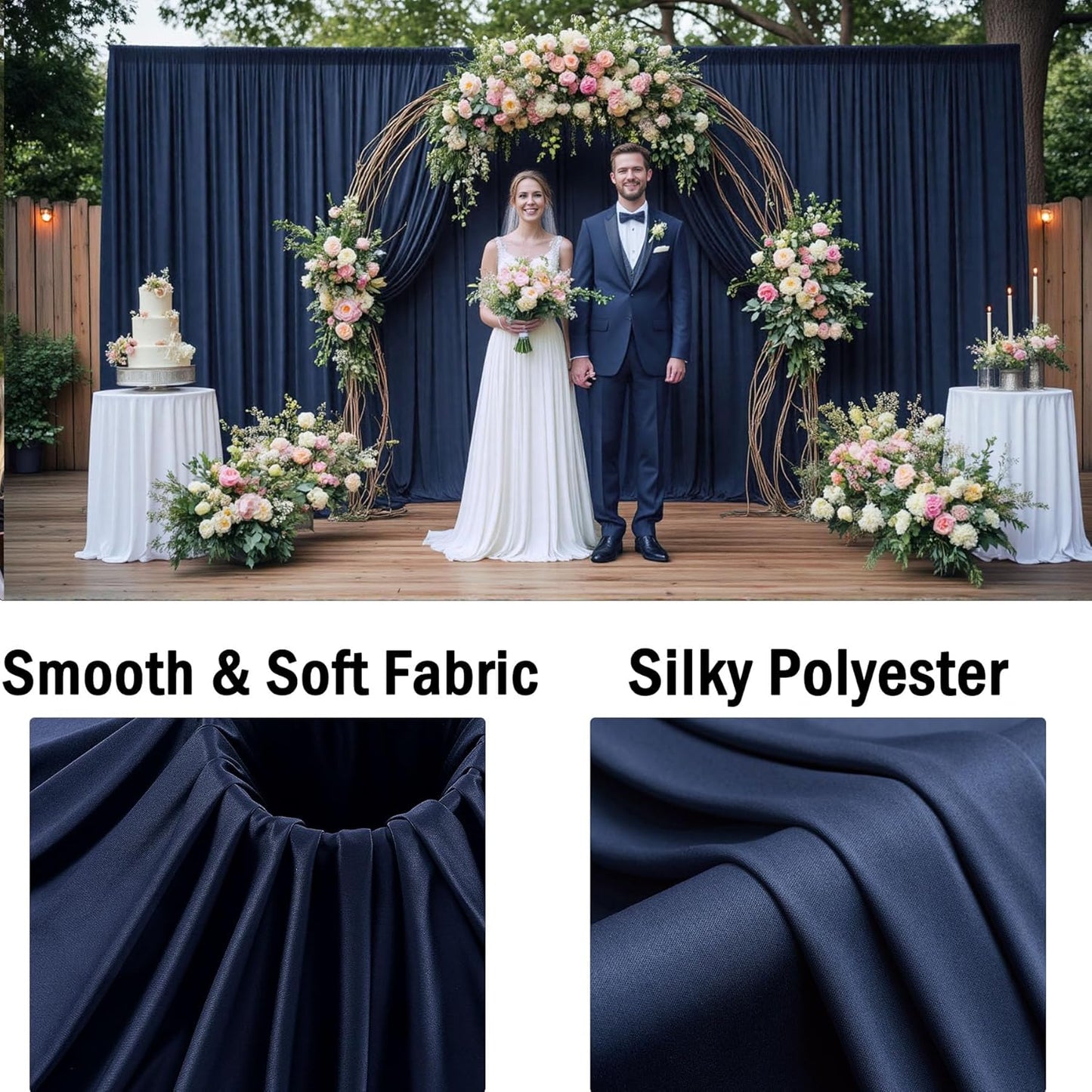 10x10ft Wrinkle Free Navy Blue Backdrop Curtains for Party Background, Silky Polyester Blue Photo Backdrop Drapes 2 Panels 5x10ft Back Drop Cloth for Wedding Birthday Photography Baby Shower Decor