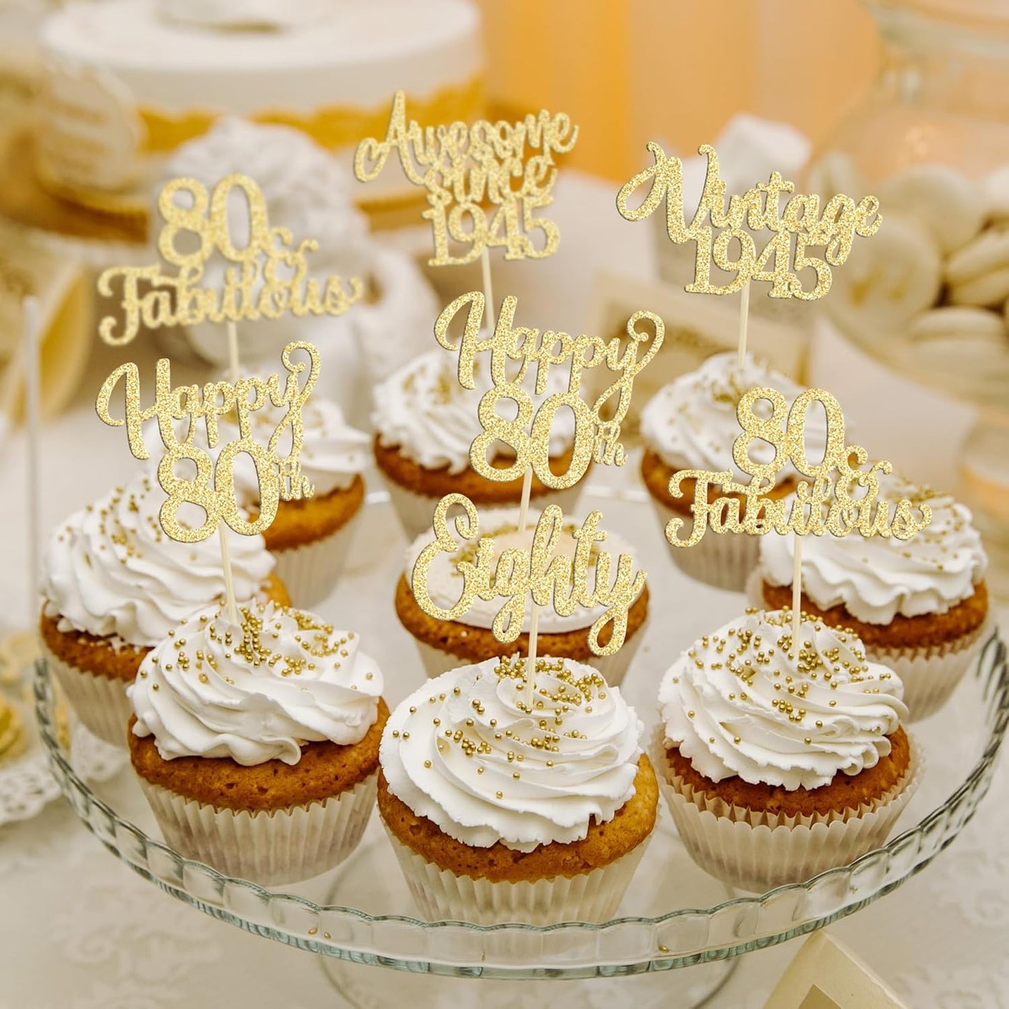30Pcs Vintage 1945 Cupcake Toppers Glitter Eighty Happy 80th Birthday 80 Fabulous Cupcake Picks Awesome Since 1945 Cake Decorations for 80th Birthday Anniversary Retirement Party Supplies Gold