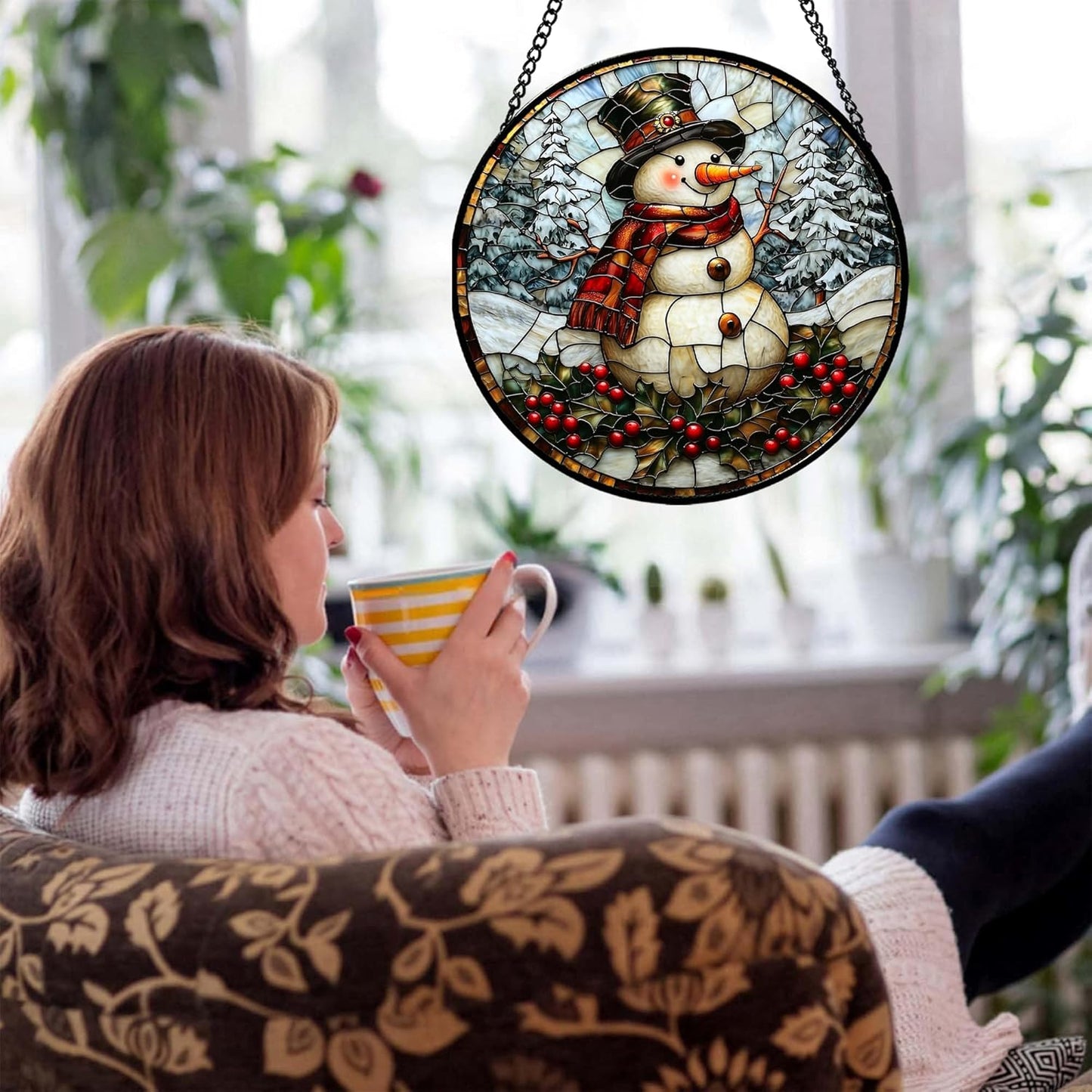 Stained Glass Window Hanging - Christmas Snowman Suncatcher for Door Terrace Garden Home Decor Winter Forest Snow Sun Catcher Birthday Gifts for Lovers Women Men Dad Mom Nana 11.8 in