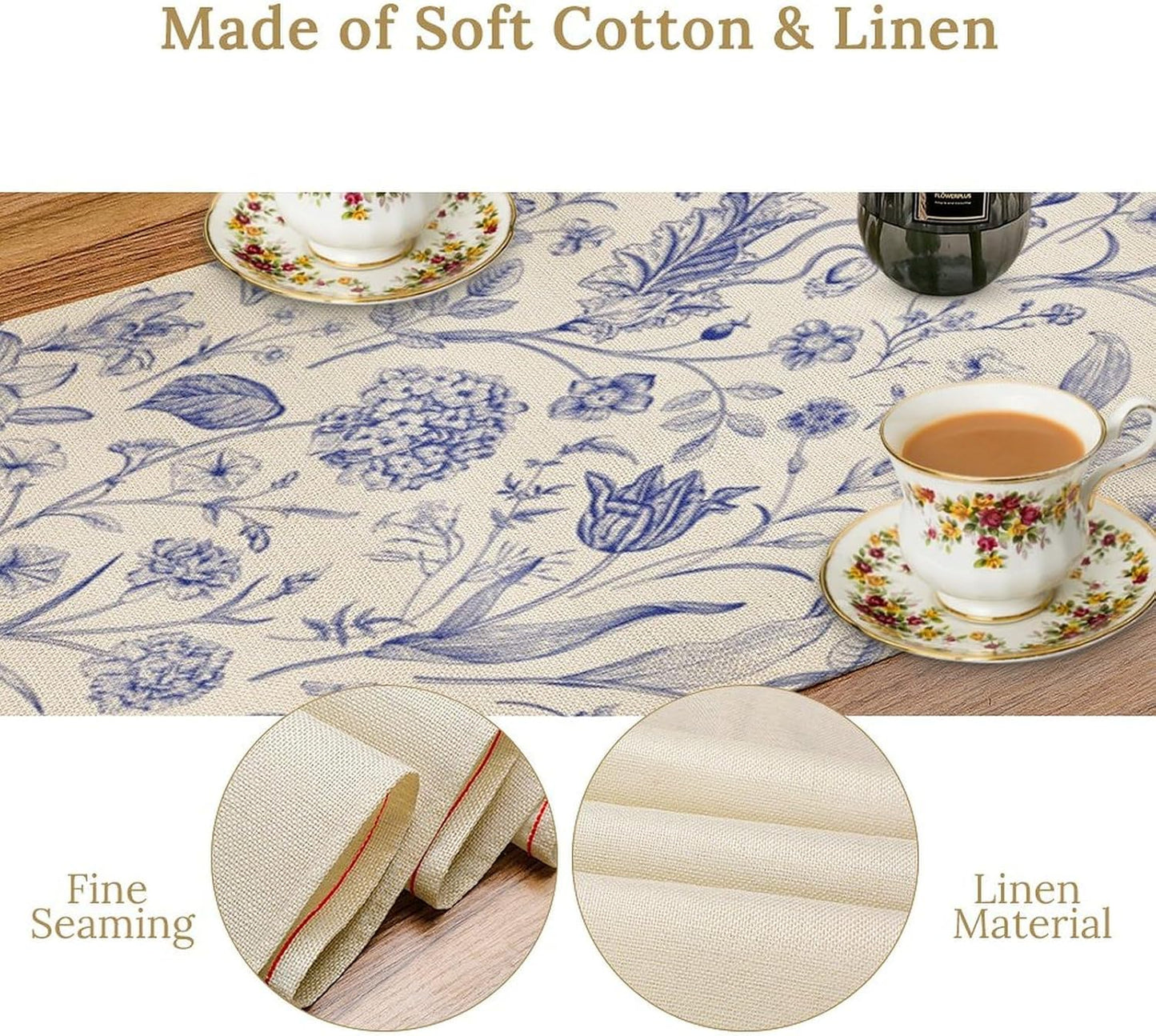 Monochrome Sketch Flowers Table Runner, Seasonal Spring Fall Plants Blue Florals Dinner Runner for Home Kitchen Dining Table Party Holiday Decoration 13"x36"