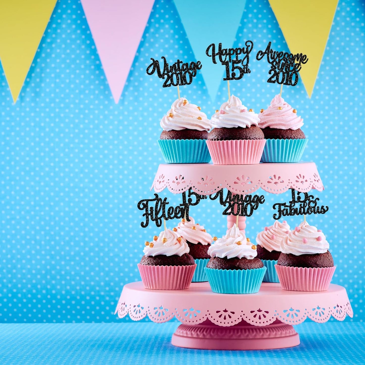 30Pcs Happy 15th Birthday Cupcake Toppers Glitter Fifteen Vintage 2010 Cupcake Picks Cheers to 15 Fabulous Cake Decorations for 15th Birthday Wedding Anniversary Party Supplies Black