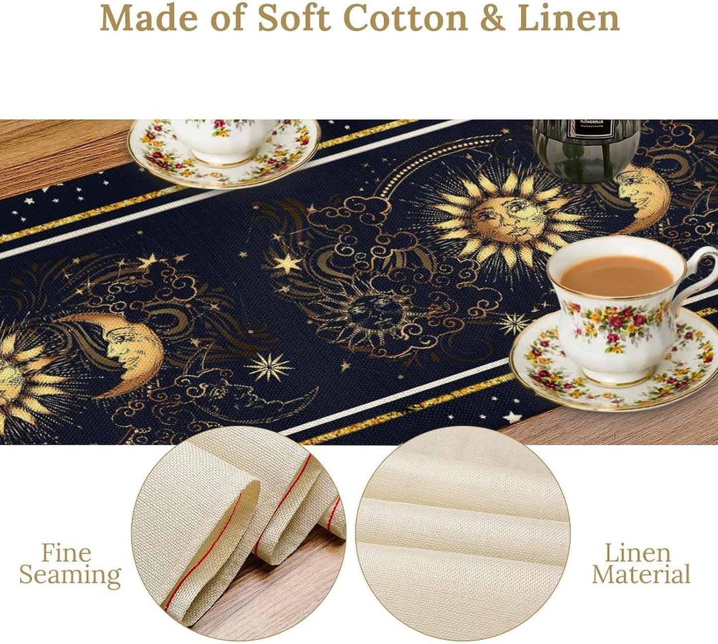 Sun Moon Table Runner, Seasonal Golden Sun Moon Holiday Kitchen Dining Table Runner for Kitchen Living Room Home Party Decor 13x36 Inch