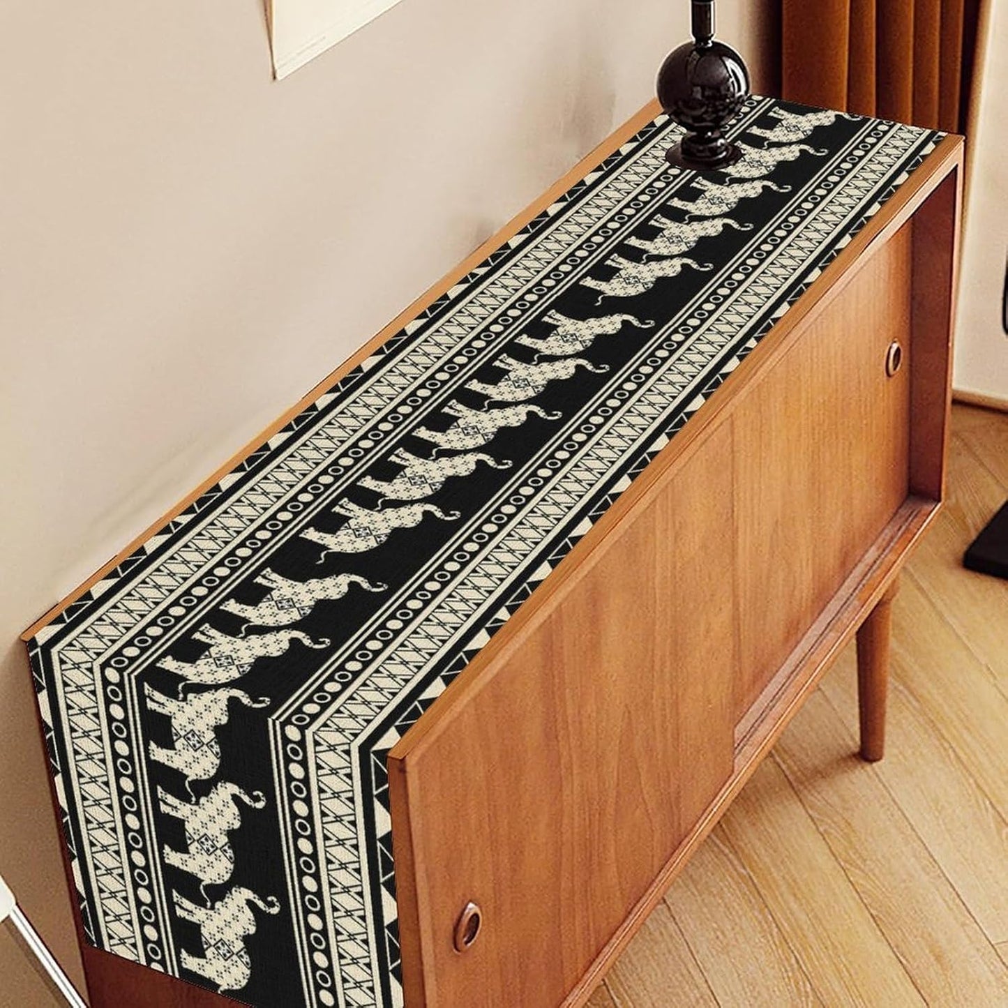 Ethnic Table Runner, Rustic Farmhouse Boho Geometric Elephant Aztec Tribal Print Black Table Center Decor for Home Kitchen Dining Patio Holiday Party Indoor Outdoor Table Decorations, 13"x72" Inch