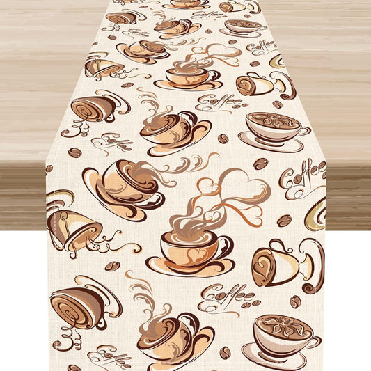 Coffee Time Table Runner, Farmhouse Retro Coffee Cup Tea Party Cafe Table Center Decor for Home Kitchen Dining Patio Holiday Party Indoor Outdoor Table Decorations,13"x36" Inch
