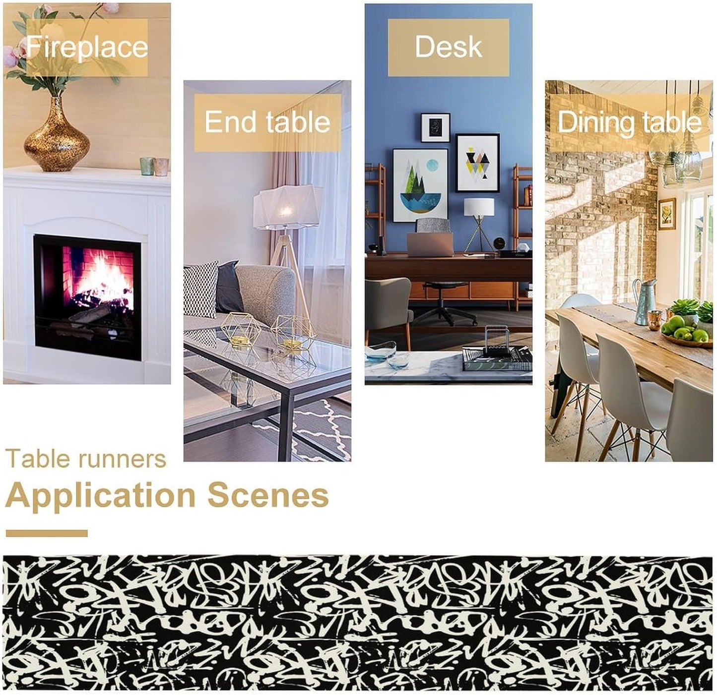 Graffiti Table Runner,Black White Abstract Messy Art Theme Pattern Print Tablecloth Burlap for Hotel Indoors Outdoor Dining Room Kitchen Home Decor,W13X L80 in
