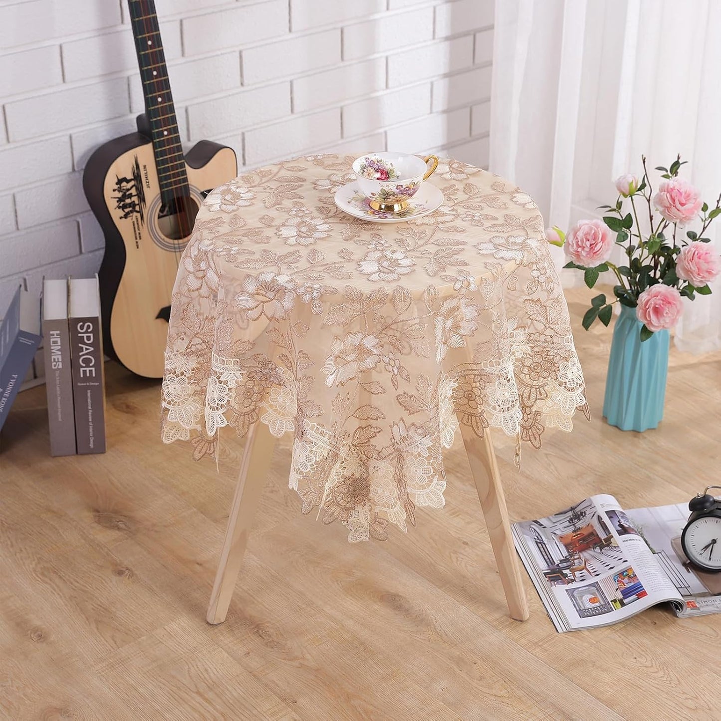 Lace Tablecloth Round Lace Vintage Round Tablecloth Decorative Exquisite Border Table Cover for Party Wedding Home Decorations, Round-48, Beige