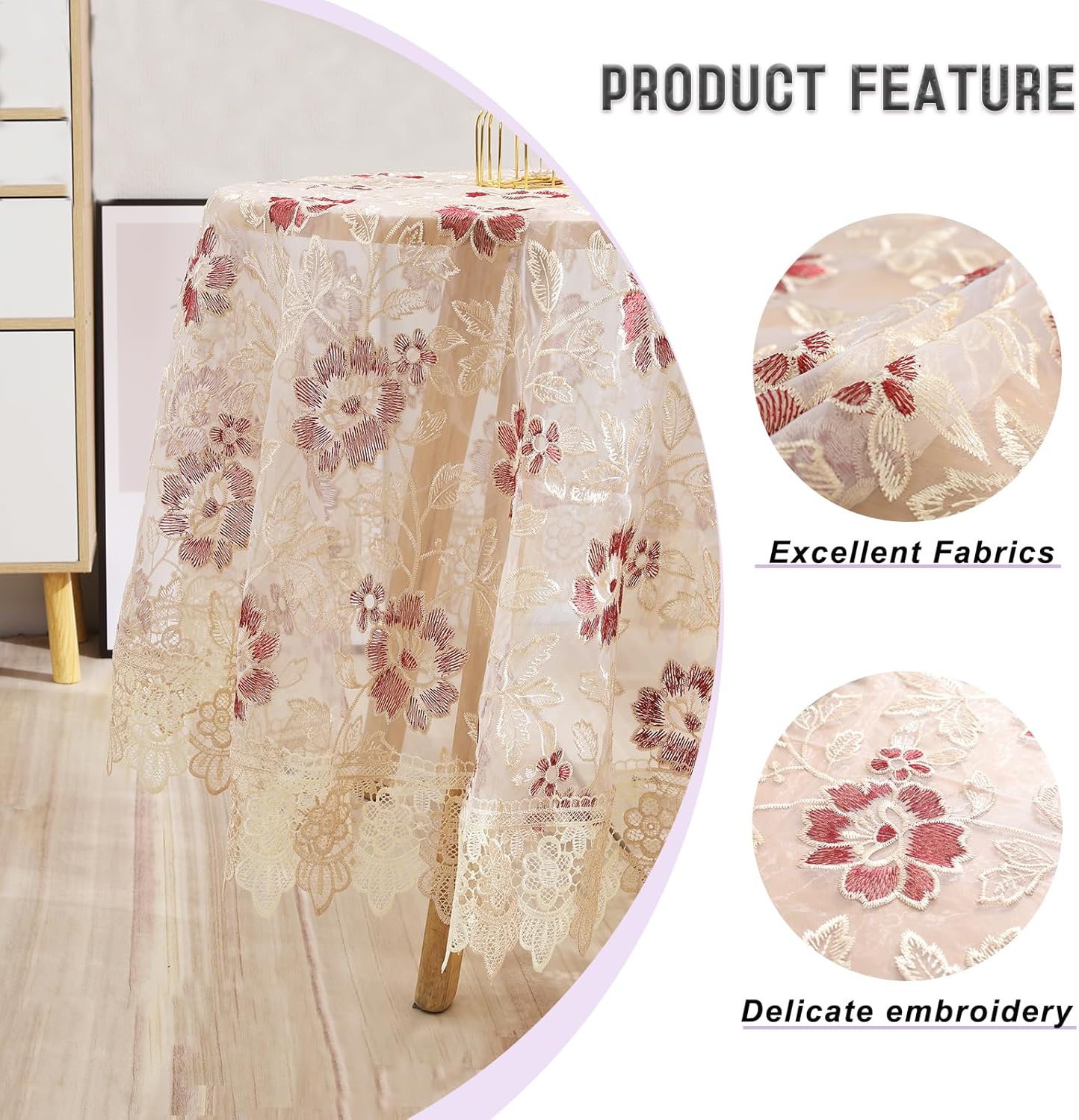 Lace Floral Tablecloth Round Lace Vintage Decorative Exquisite Border Table Cover for Party Wedding Home Decorations, Round-48, Red
