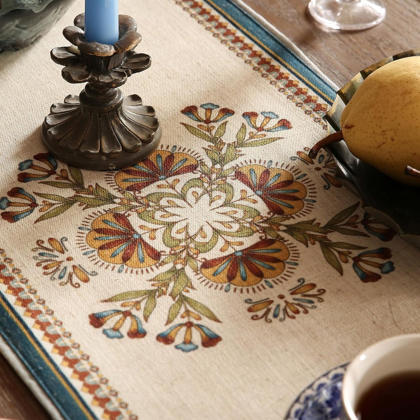 patdrea Designer Beige Farmhouse Geometric Patterned Linen Table Runner 102 Inch Long,Wrinkle Resistant Table Mat,Decoration for Kitchen Dining and Coffee Tables Banquet Christmas ,12"x102"