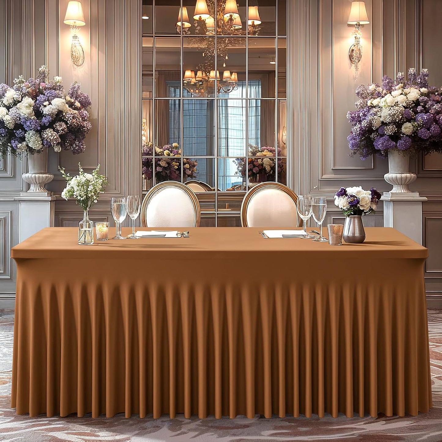Wish Care 2 Pack Brown Spandex Table Clothes for 6 Foot Rectangle Tables, 6FT Wrinkle Free Fitted Tablecloths Ruffles Design Table Cover for Party, Banquet, Wedding and Events