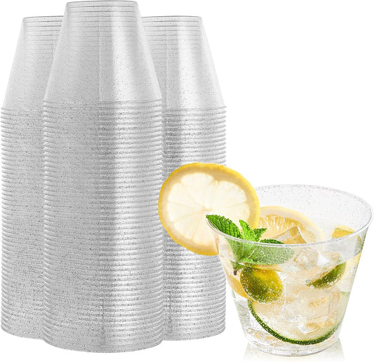 FOCUSLINE 9 oz Silver Plastic Cups, Disposable Clear Fancy Hard Plastic Cups, Silver Glitter, Heavy Duty, Reusable,100 Count