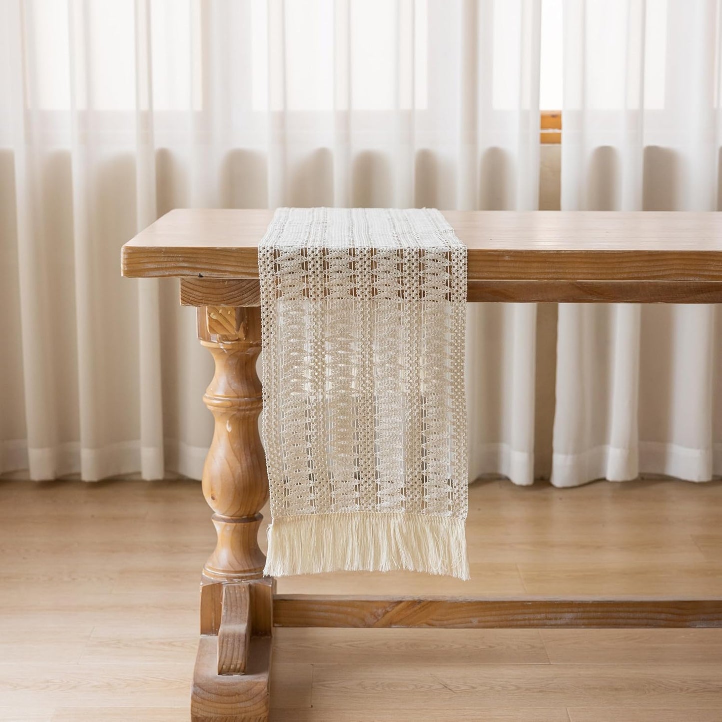 Boho Table Runner White for Home Decor 12x90 Inches Farmhouse Macrame Burlap Jute Rustic Dining Kitchen Centerpiece Bohemian Decor French Country Baby Bridal Shower Decorations