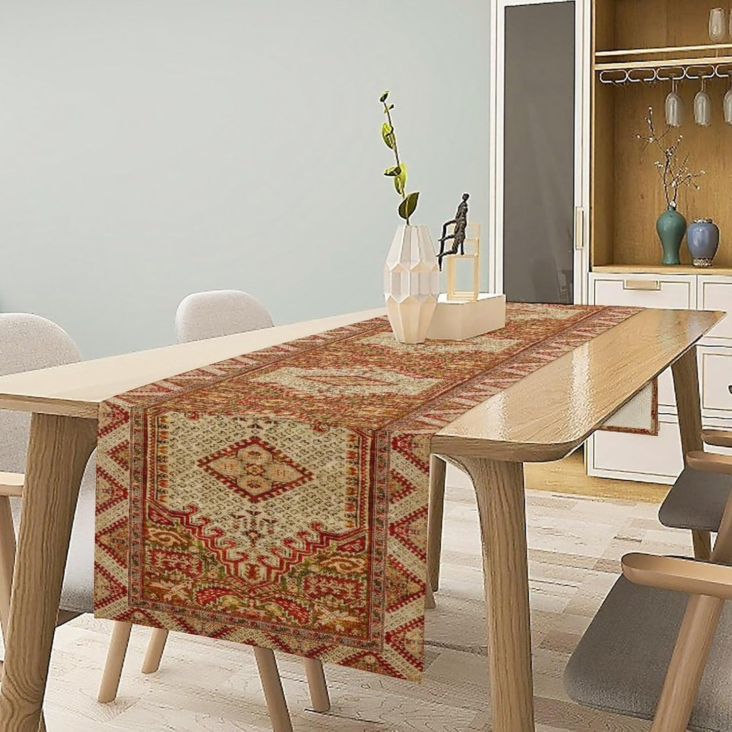 Boho Bohemia Style Orange Table Runner, Country Rustic Farmhouse Magical Abstract Print Pattern for Home Kitchen Table Decor Dining Coffee Room Garden Party Decor 13x72in