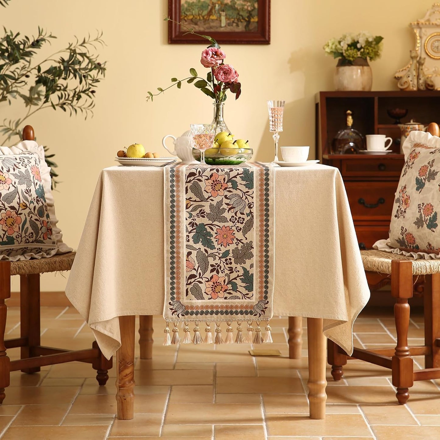 ISAENNE Designer Bohemian Linen Table Runner 87 Inches Long,Elegant Lotus Flowers Pattern Decor Table Runners for Dining Tables,Thanksgiving,Kitchen Tables,Christmas,12"*87"-Hazel A