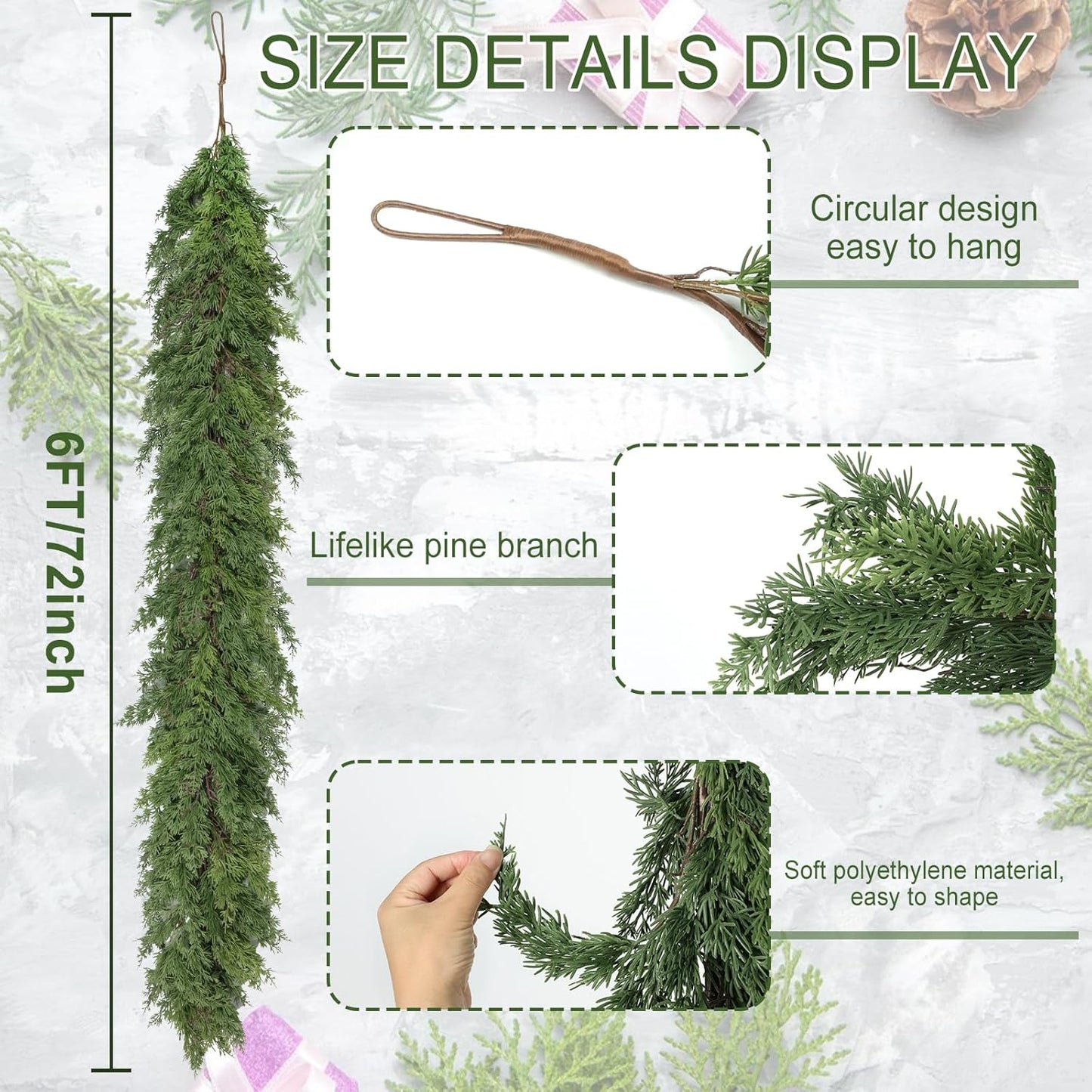 Artgar 6 Ft Christmas Garland - Cedar Garland - Cypress Garlands - Real Touch Pine Garlands - Garland Christmas Decorations for Home Dining Table Mantel Porch Winter Christmas Decor