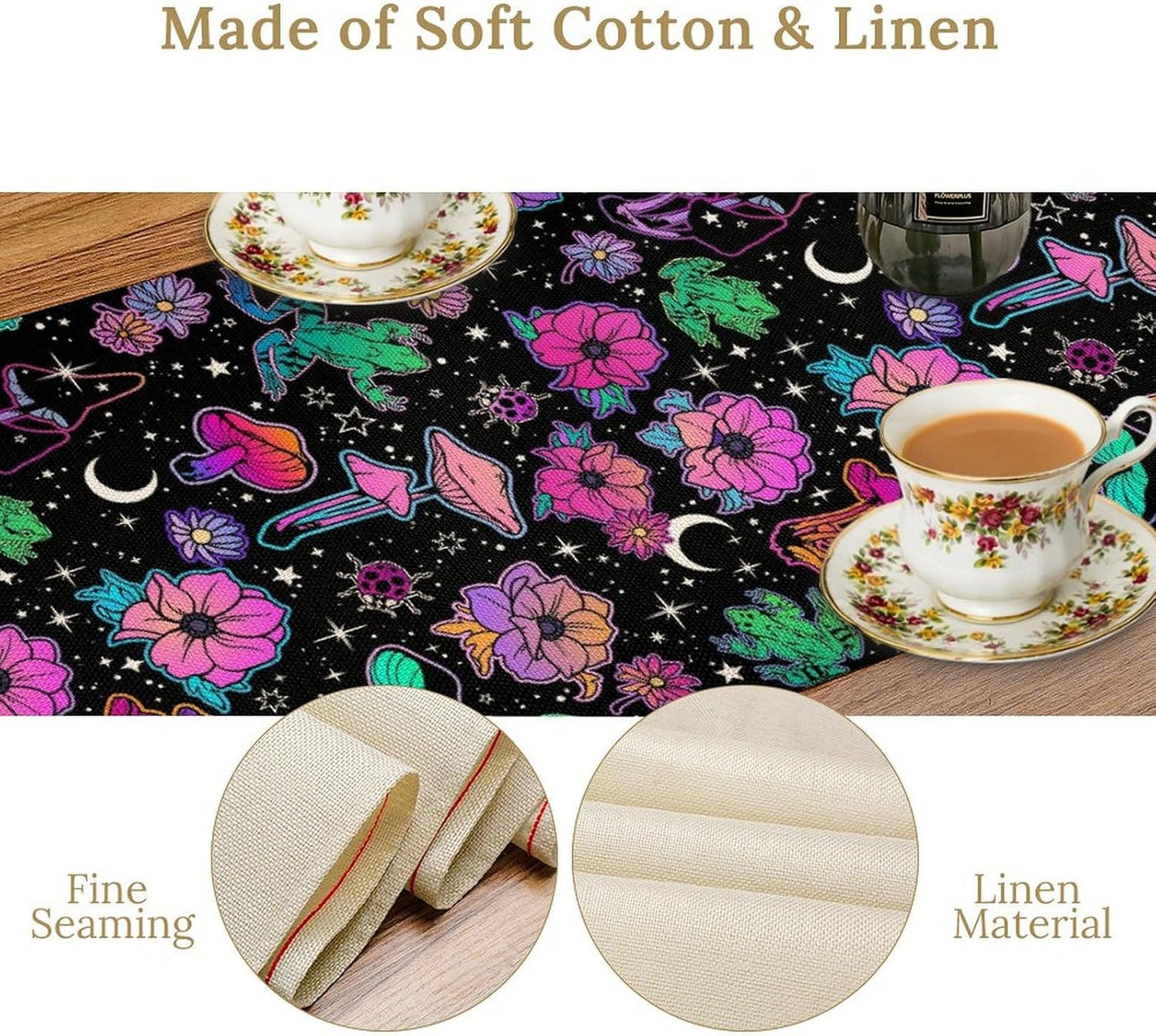 Gothic Star Moon Colorful Table Runner for Kitchen Living Room Home Party Boho Floral Table Runner 13x108 Inch