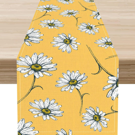 Daisy Table Runner, Spring Floral Seasonal Summer Yellow Flower Rustic Farmhouse Table Center Decor for Home Kitchen Dining Patio Holiday Party Indoor Outdoor Table Decorations, 13"x36" Inch
