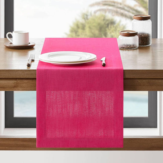 ZeeMart Linen Textured Border Table Runner, 14 x 108 Inch Hot Pink, Farmhouse Style Pink Table Runners 108 Inches Long, Easy Care Everyday Polyester Table Runner