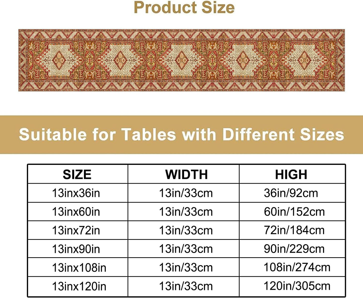 Boho Bohemia Style Orange Table Runner, Country Rustic Farmhouse Magical Abstract Print Pattern for Home Kitchen Table Decor Dining Coffee Room Garden Party Decor 13x72in