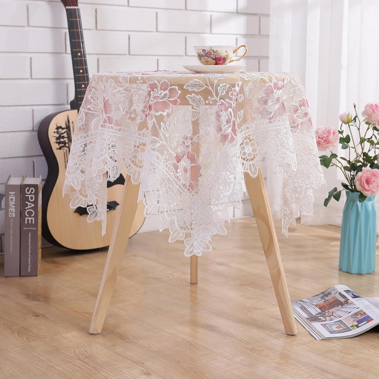 Round Embroidered Lace Tablecloth Vintage Decorative Exquisite Border Table Cover for Party Wedding Home Decorations, Round-60, White