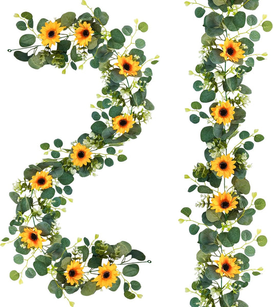 Uieke 2 Pack Artificial Sunflower Garland, 6ft/Strand Silk Sunflowers Hanging Vines Flowers Garland with Green Leaves for Room Kitchen Garden Birthday Wedding Baby Shower Party Table Decor