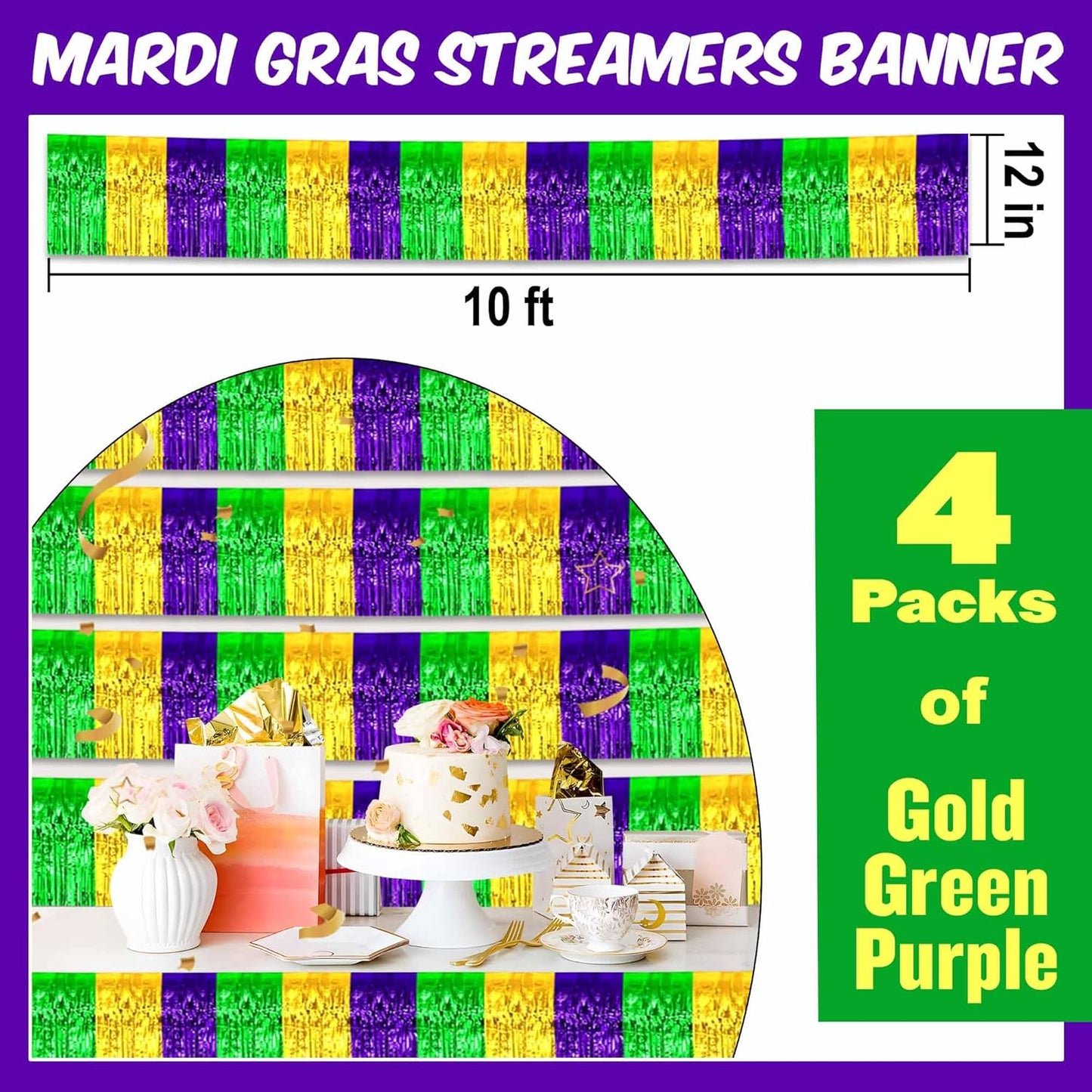 4 Pack 10 Ft Gold Green Purple Foil Fringe Garland Metallic Streamers Tinsel Banner Wall Hanging Garland Backdrop for Parade Floats, Halloween, Christmas, Thanksgiving, New Year Party Decorations