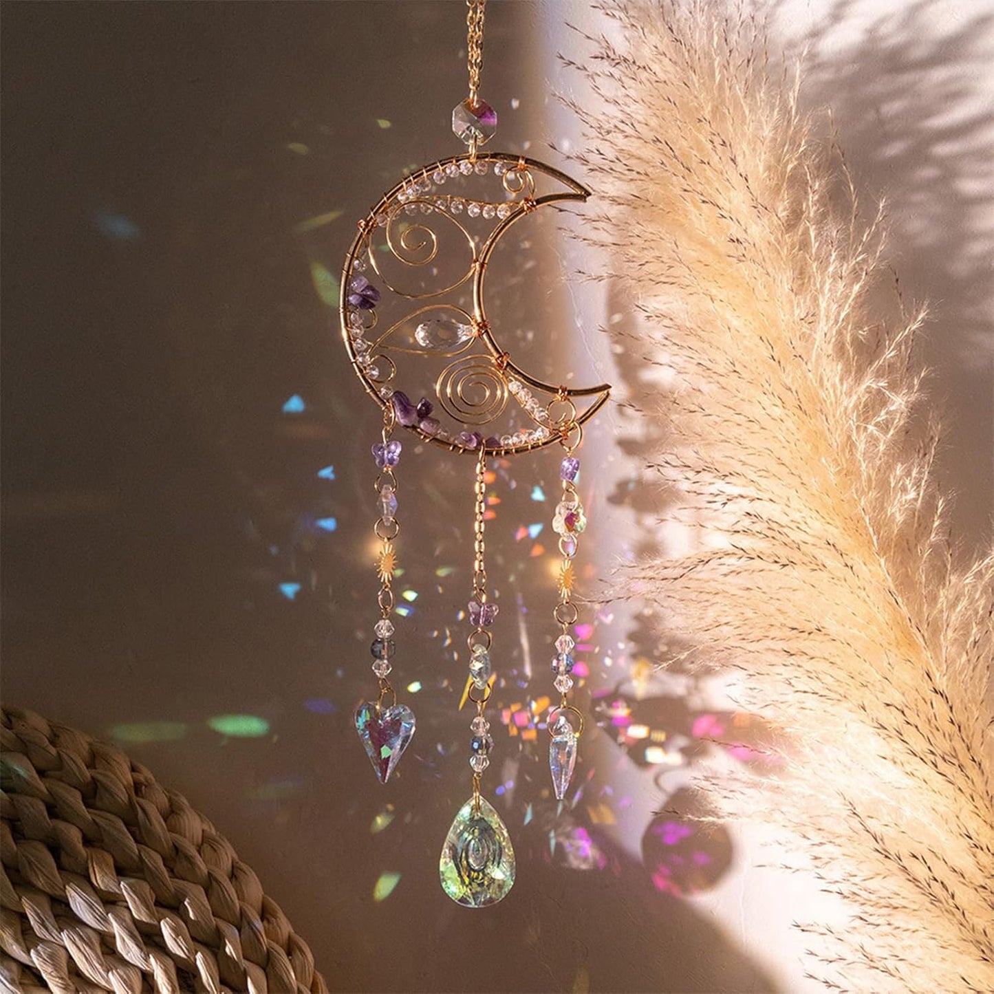 TUOKING Crystal Moon Suncatchers for Window Hanging Natural Healing Stones Wind Chimes Sun Catcher Rainbow Maker Good Luck Gifts Decor for Home Garden