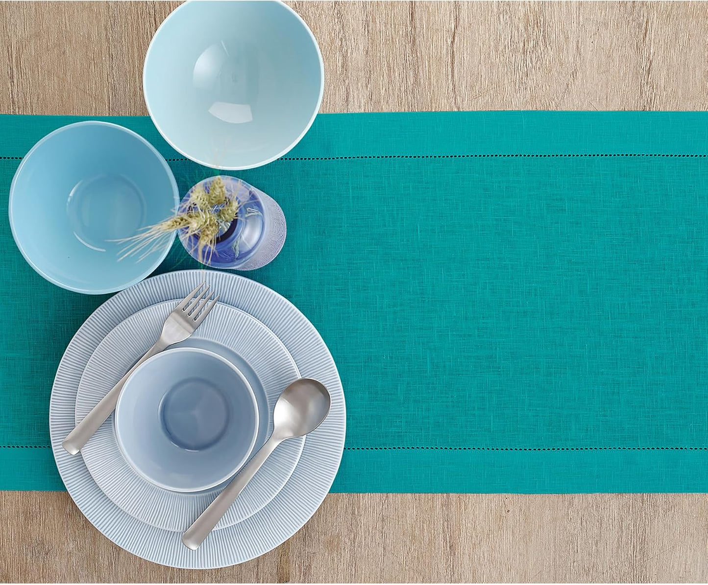 Solino Home Linen Hemstitch Table Runner 90 Inches Long - 100% Pure Linen Teal Table Runner 14 x 90 Inch for Fall, Autumn, Thanksgiving, Christmas - Classic Hemstitch