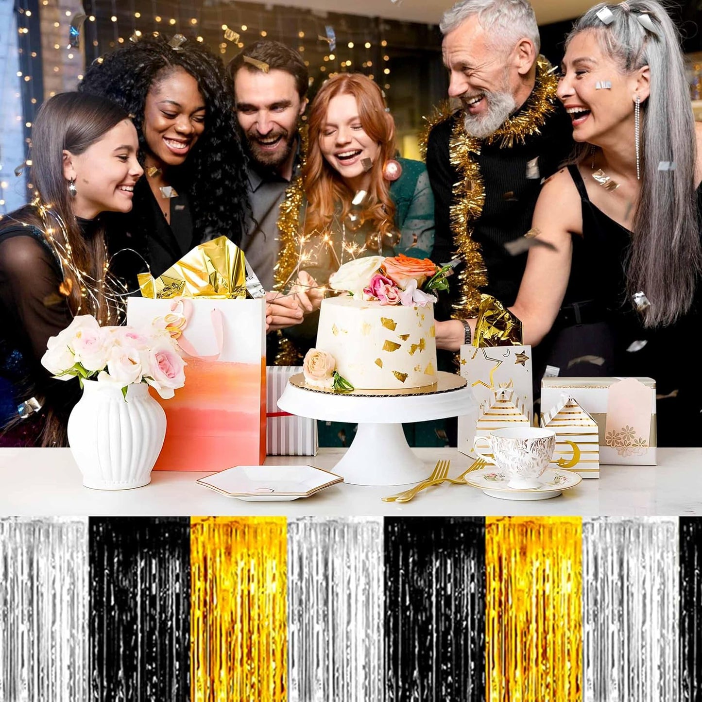3 Pack Black Gold Silver Foil Fringe Table Skirts Metallic Tinsel Streamers Garland Banner Backdrop for Table Decor, Parade Float, Birthday, Wedding, Halloween, Christmas Party Decorations(29x108 In)