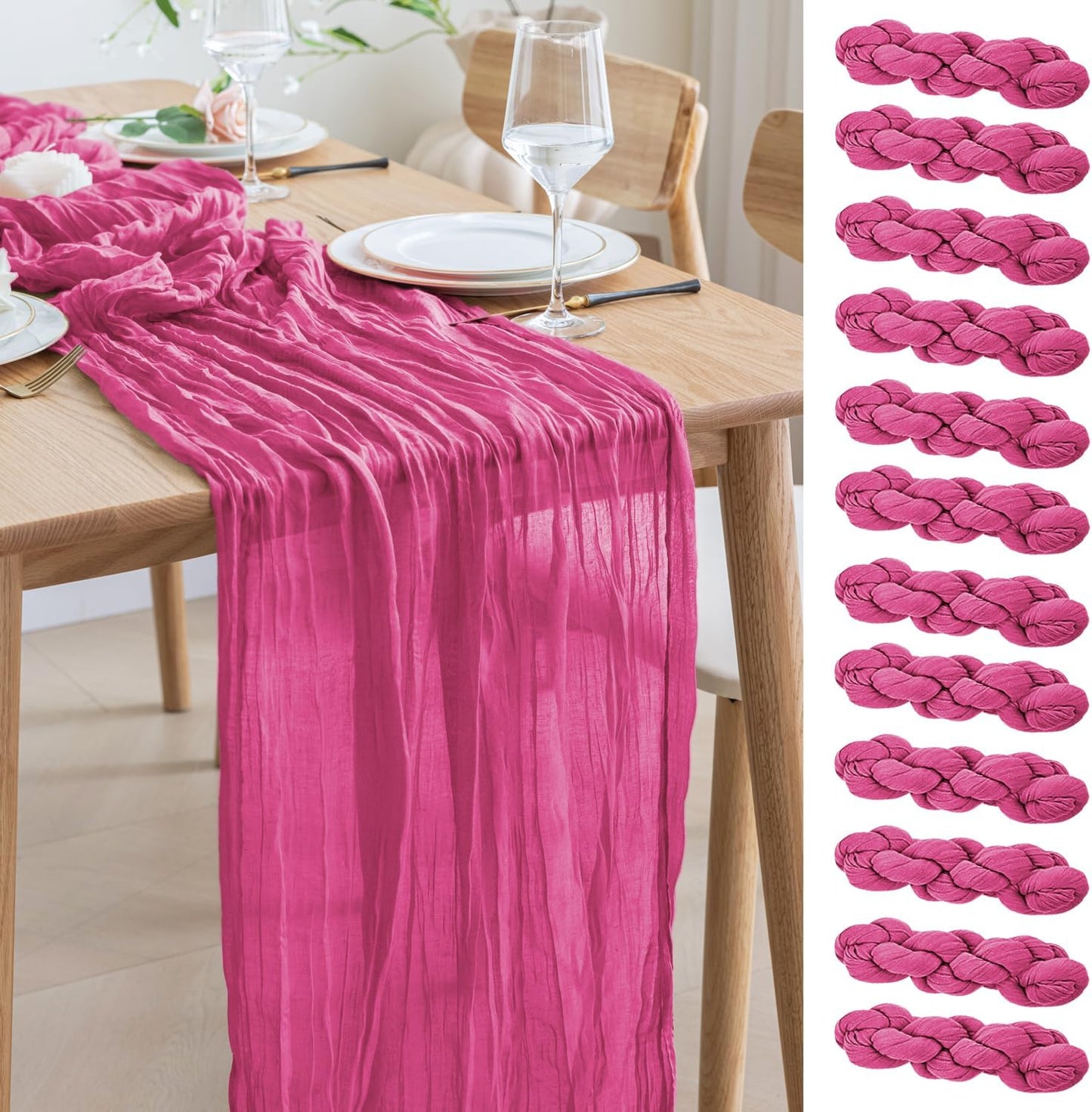 Asee'm 12pcs Cheesecloth Table Runner 120 Inches Long Deep Pink Boho Gauze Cheese Cloth Runner 10FT Rustic Sheer Table Runners for Christmas Wedding Party Baby Shower Spring Easter Decoration