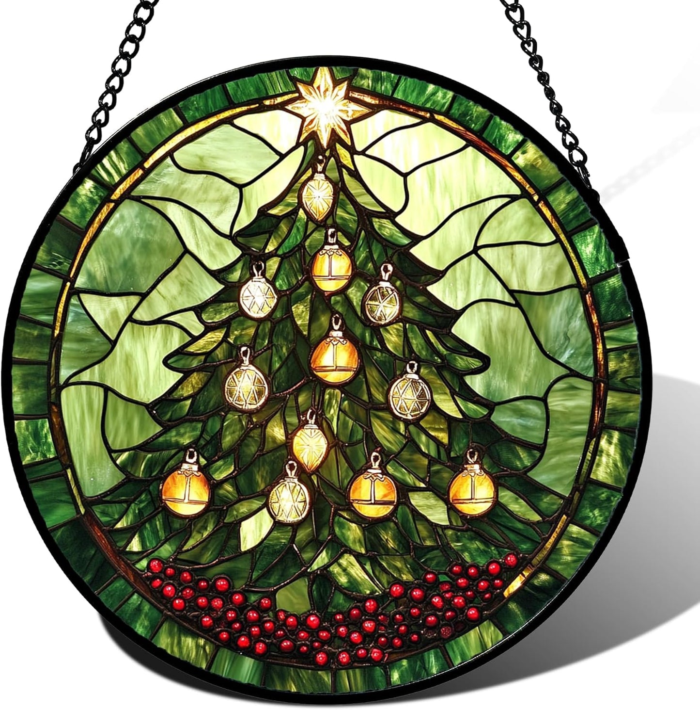 Stained Glass Window Hanging - Green Christmas Tree Golden Bells Suncatcher for Doors Home Christmas Decoration Sun Catcher Thanksgiving New Year Birthday Gift for Women Men Mom Nana 7.8 in