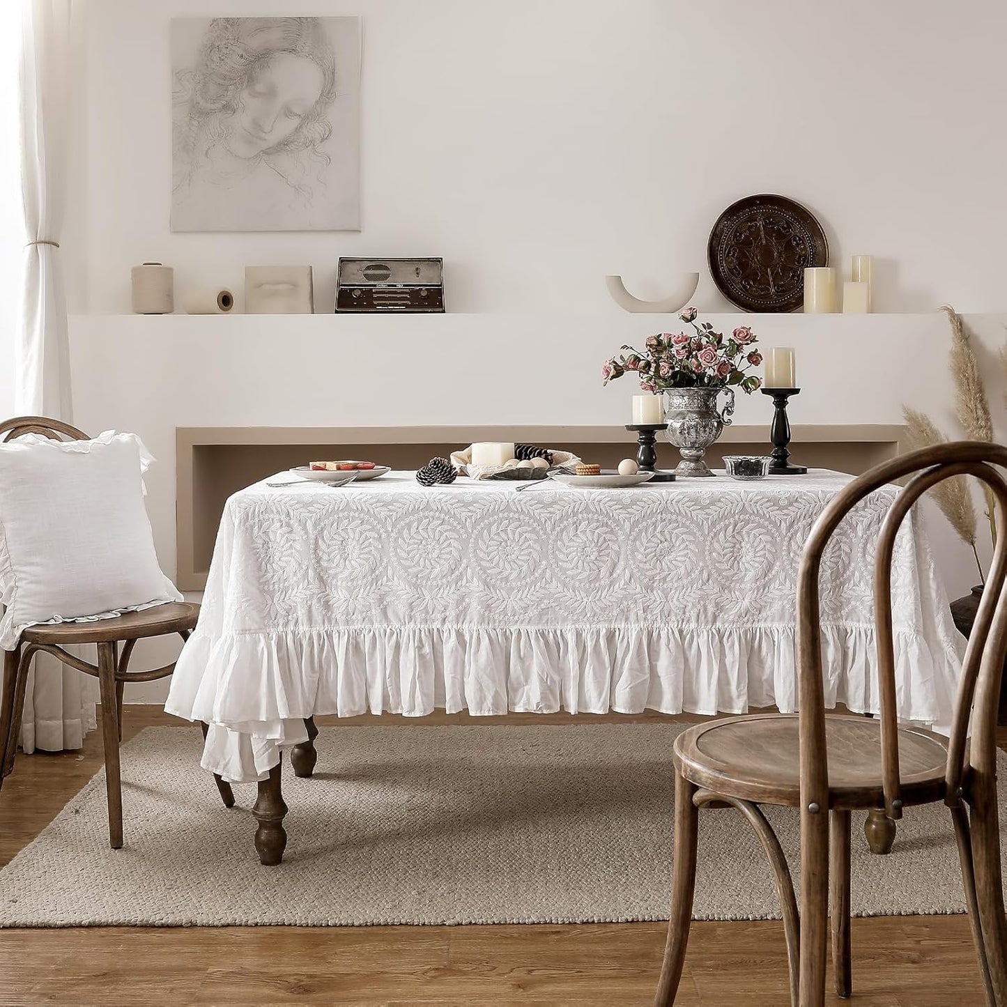 patdrea Vintage Ruffle Tablecloth for Square Tables,Farmhouse Embroidered Cotton White Lace Table Cloth Cover Decor for Dining Room Wedding Banquet Thanksgiving Christmas,51"*51"