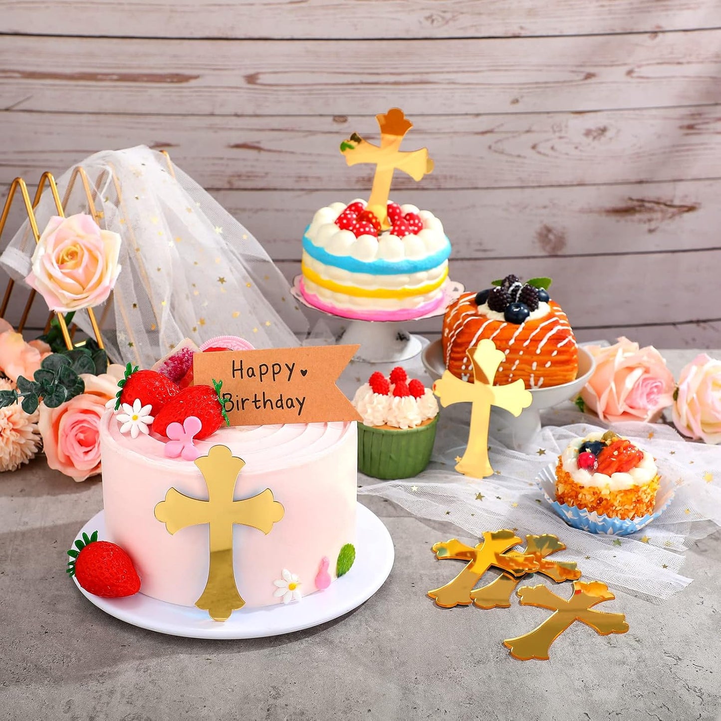 Blulu 16 Pieces Baptism Cake Toppers Crossing Cupcake Toppers Gold Mirror Acrylic Cake Picks Baptism Decor Christian Decorations(Vivid Style)