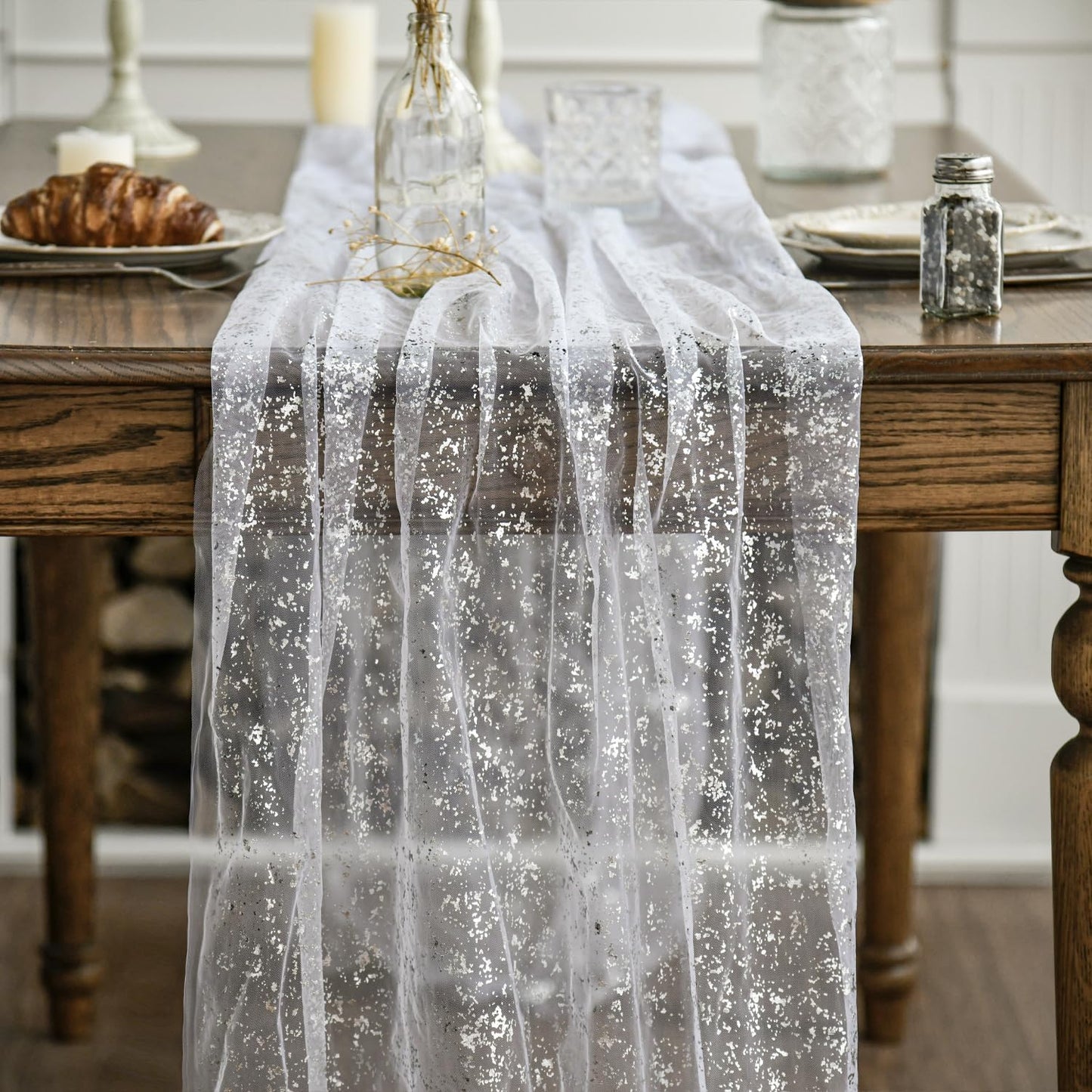 Artoid Mode White Silver Gauze Table Runner 120 Inch 10FT, Glitter Metallic Foil Sheer Dining Holiday Wedding Anniversary Birthday Table Decor for Home Party