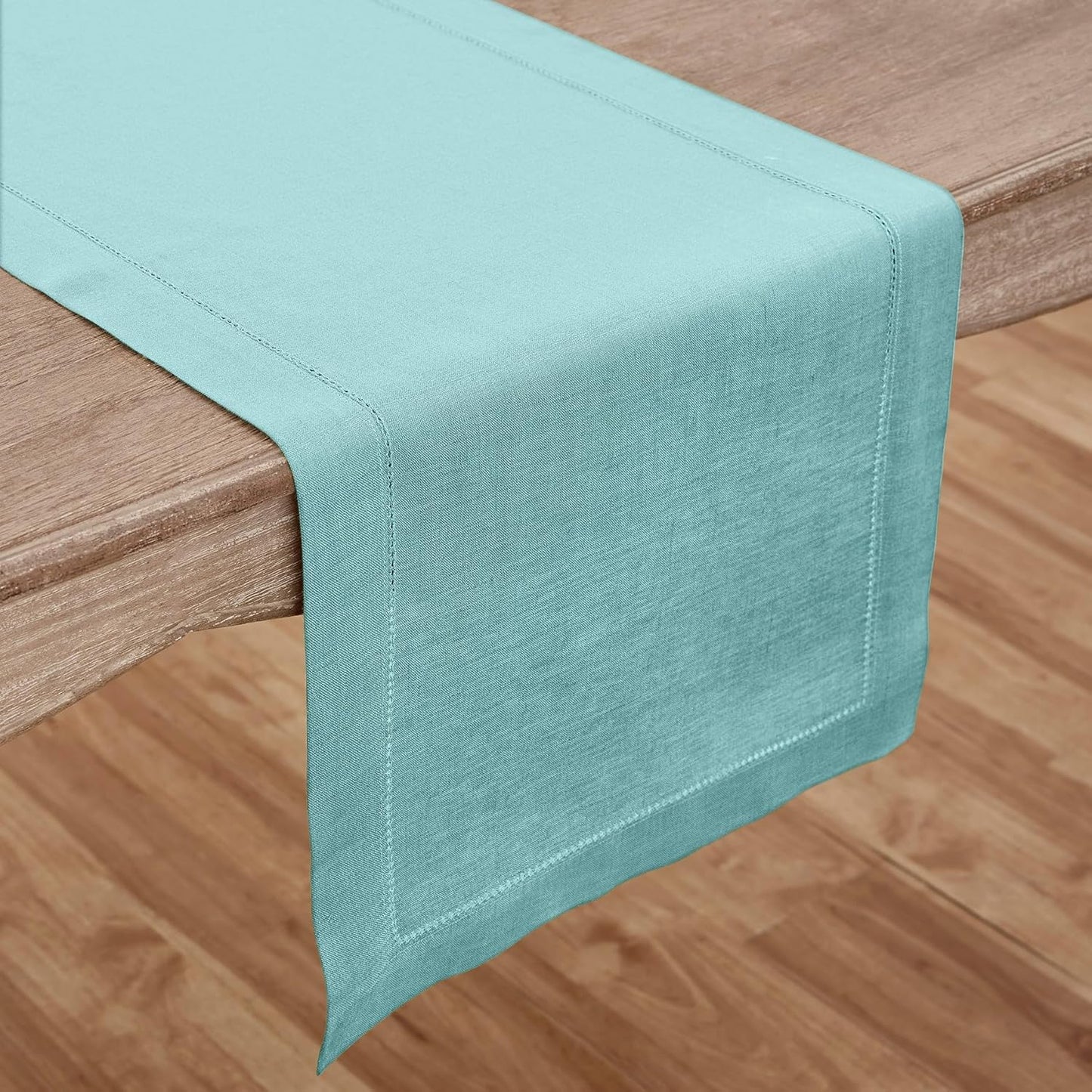 Solino Home Linen Aqua Blue Table Runner 48 Inches - Classic Hemstitch, 100% Pure Linen Coffee Table Runner 14 x 48 Inch Ideal for Dresser Tables