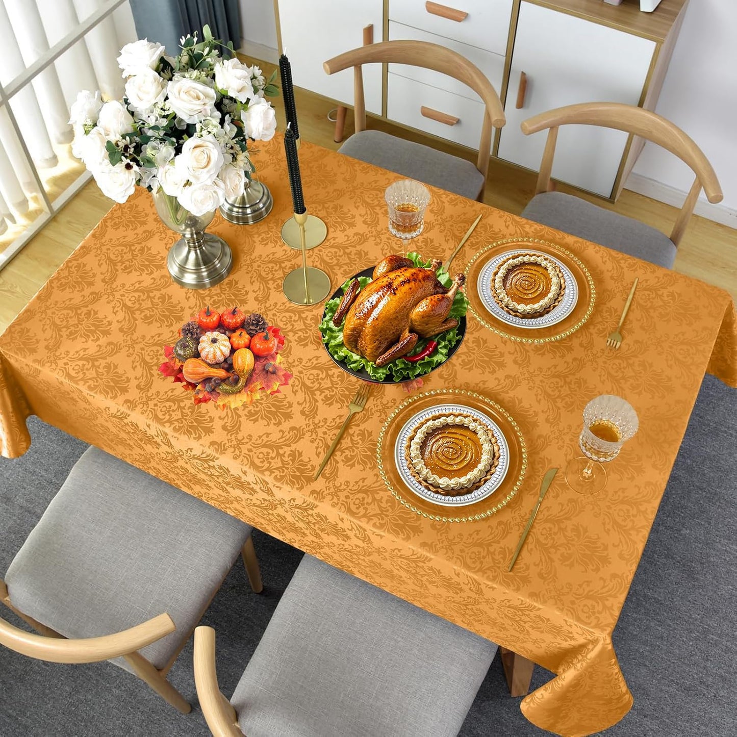 SASTYBALE Square Jacquard Tablecloth Washable Spill Proof Wrinkle Resistant Damask Table Cloth, Soft Polyester Table Cover for Kitchen Parties Farmhouse, Amber 52×52 Inch