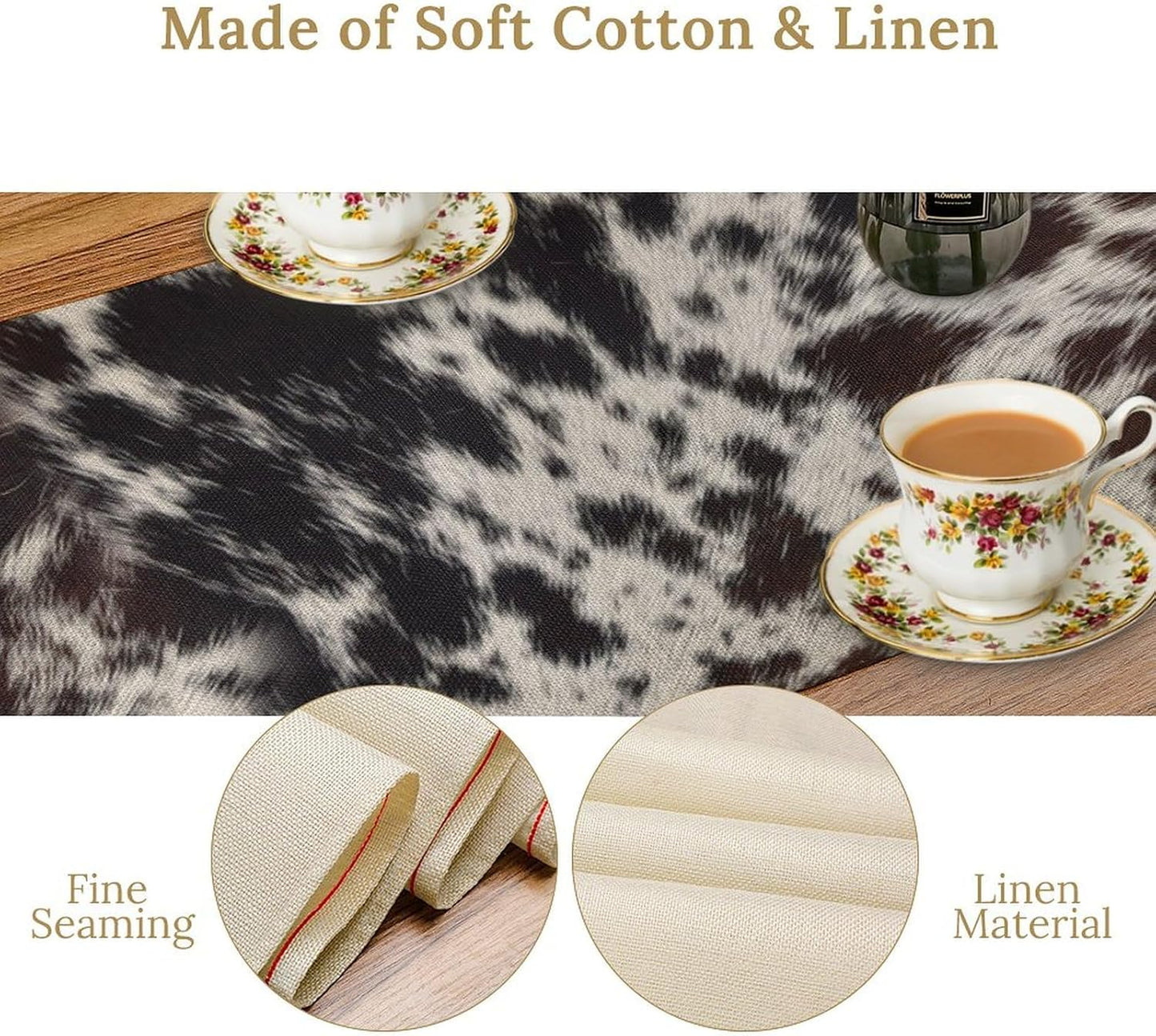 Cow Print Table Runner, Country Farm Animal Fur Skin Pattern Western Style Black Brown Cowhide Print Dinner Runner for Home Kitchen Dining Home Setting, 13x90 Inch