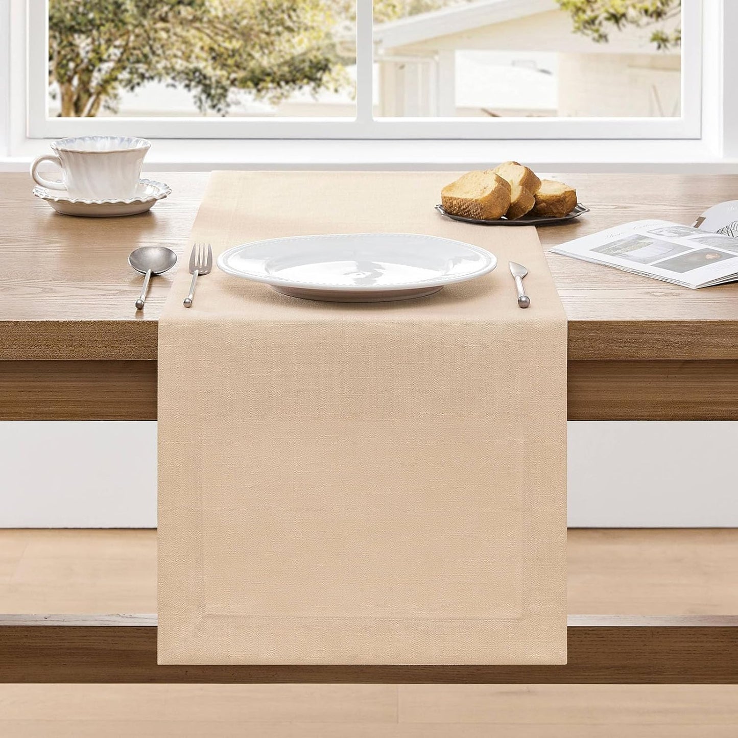 ZeeMart Linen Textured Border Table Runner, 14 x 90 Inch Oatmeal, Farmhouse Style Beige Table Runners 90 Inches Long, Easy Care Everyday Polyester Table Runner